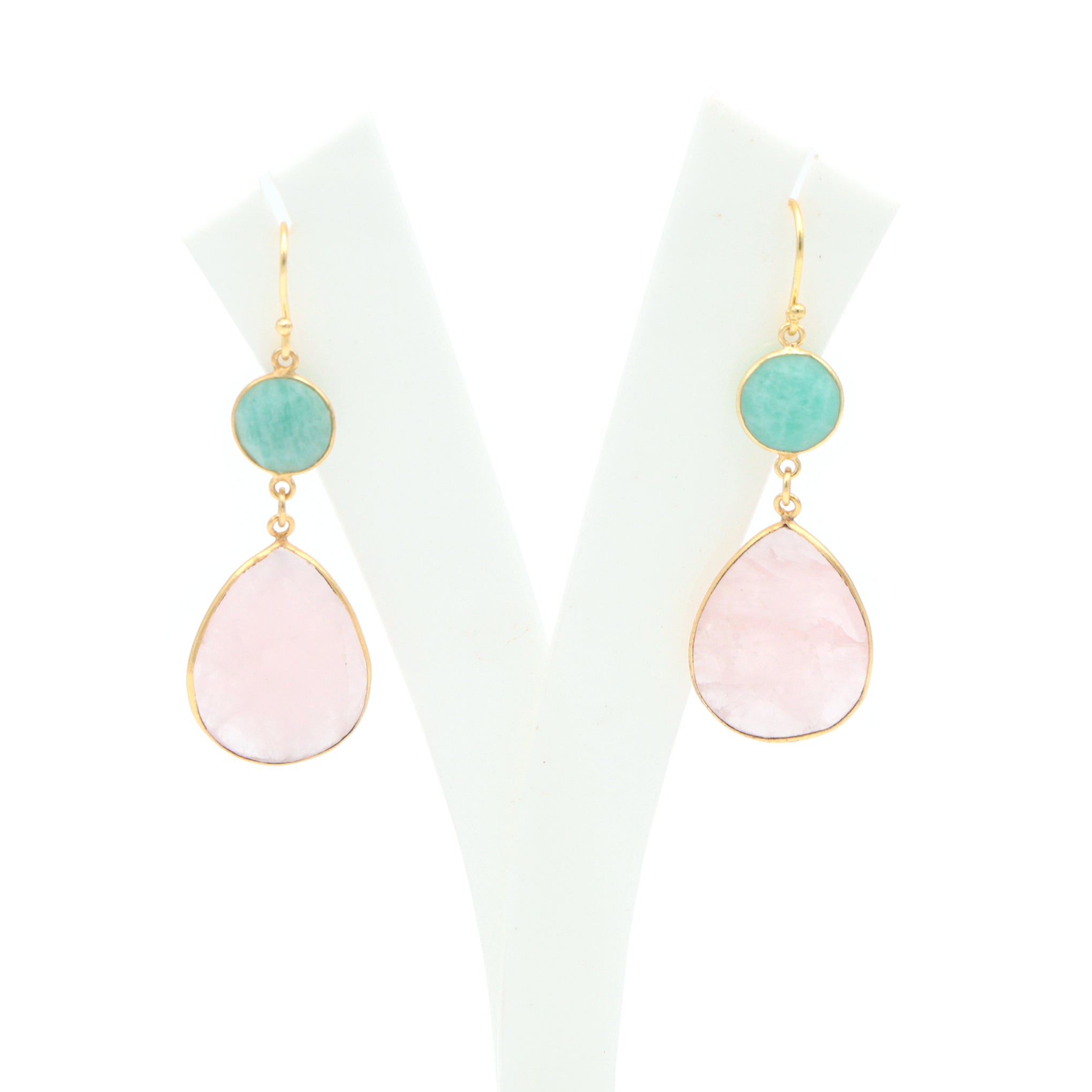 Dua Amazonite & Rose Quartz Earrings – Handmade Round & Pear Cut Natural Gemstone Earrings (11mm, 20x25mm)