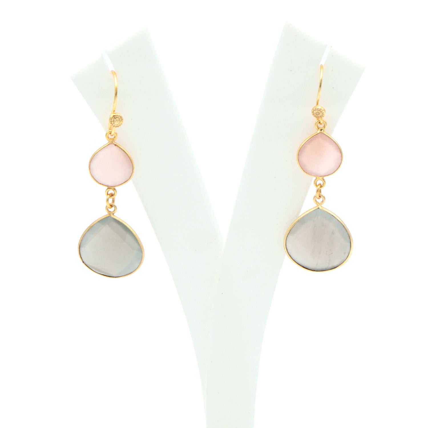 Dua Pink Chalcedony & Grey Moonstone Earrings – Handmade 12mm & 18mm Heart Cut Gemstone Earrings
