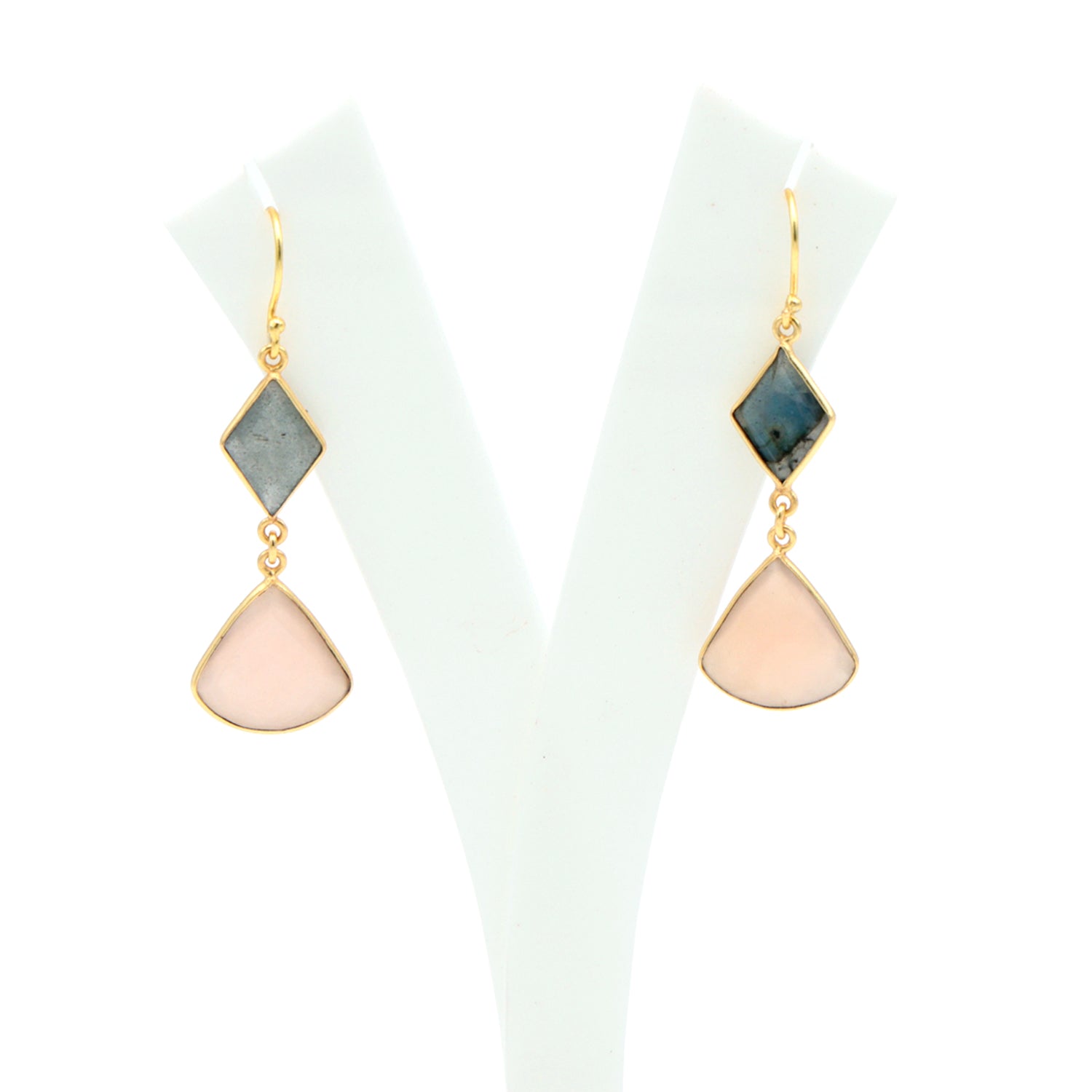 Dua Labradorite & Pink Chalcedony Earrings – Handmade Diamond & Quarter Circle Natural Stone Earrings (11x15mm, 17mm)