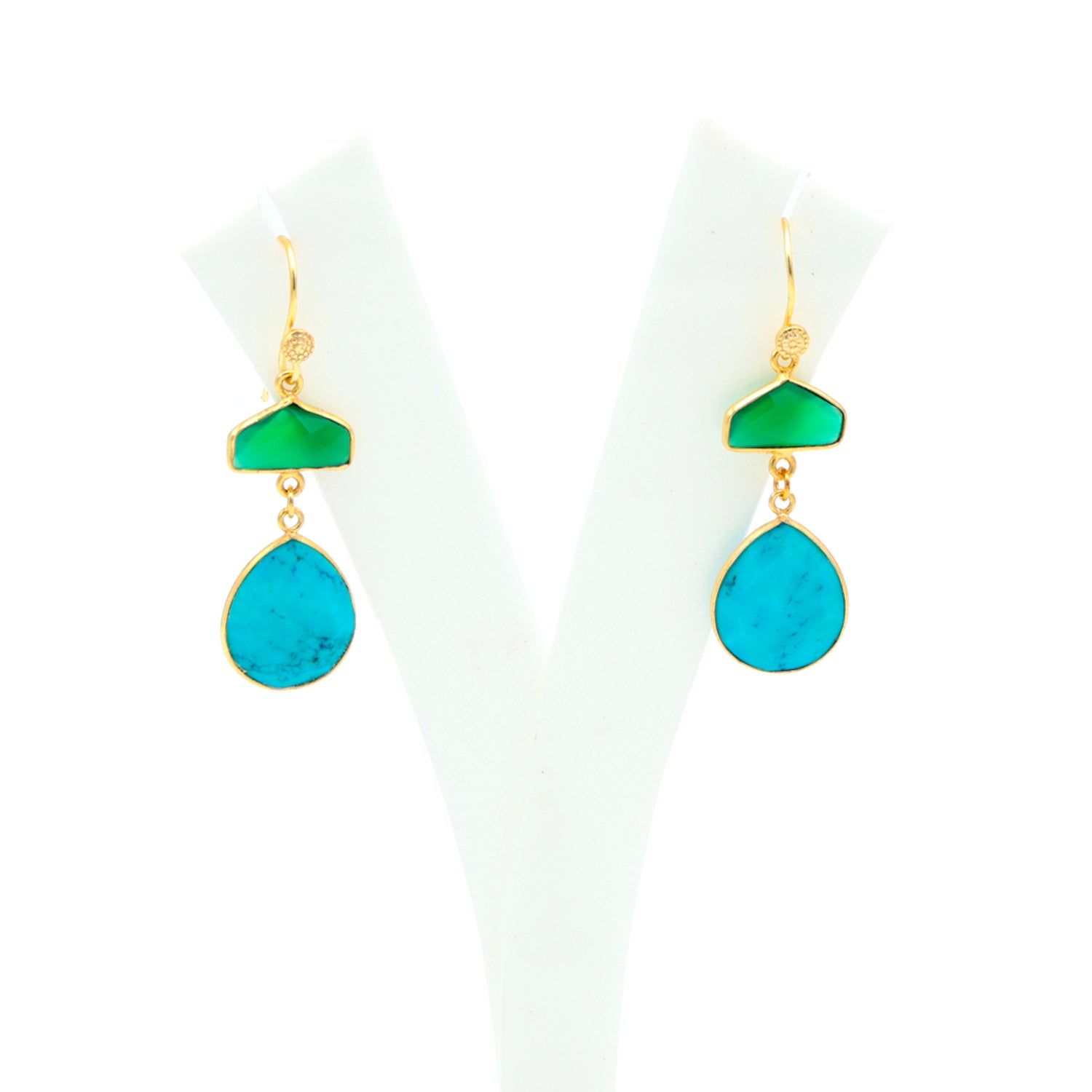 Dua Green Onyx & Turquoise Earrings – Handmade Half Hexagon & Pear Cut Gemstone Earrings (15mm, 15x18mm)