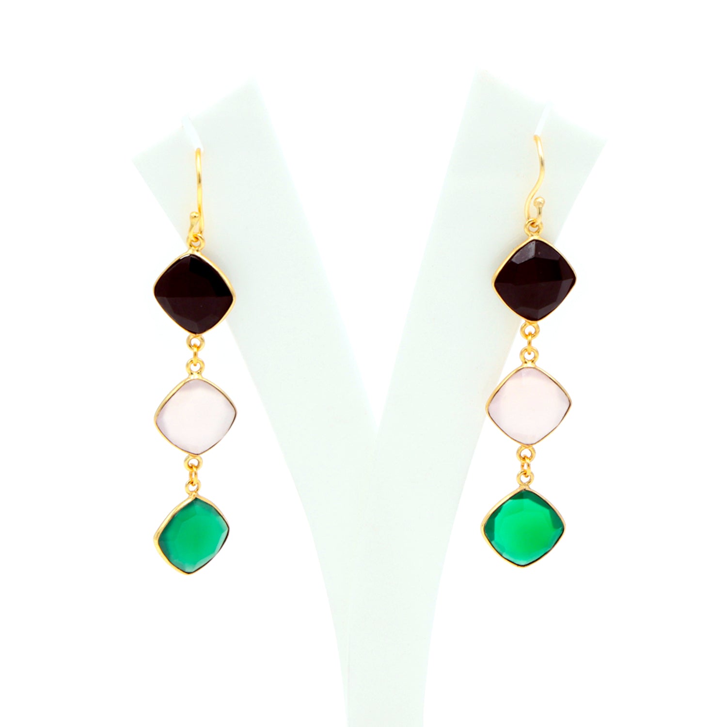 Dua Black Onyx, Pink Chalcedony & Green Onyx Earrings – Handmade 12mm Cushion Cut Multi-Stone Earrings