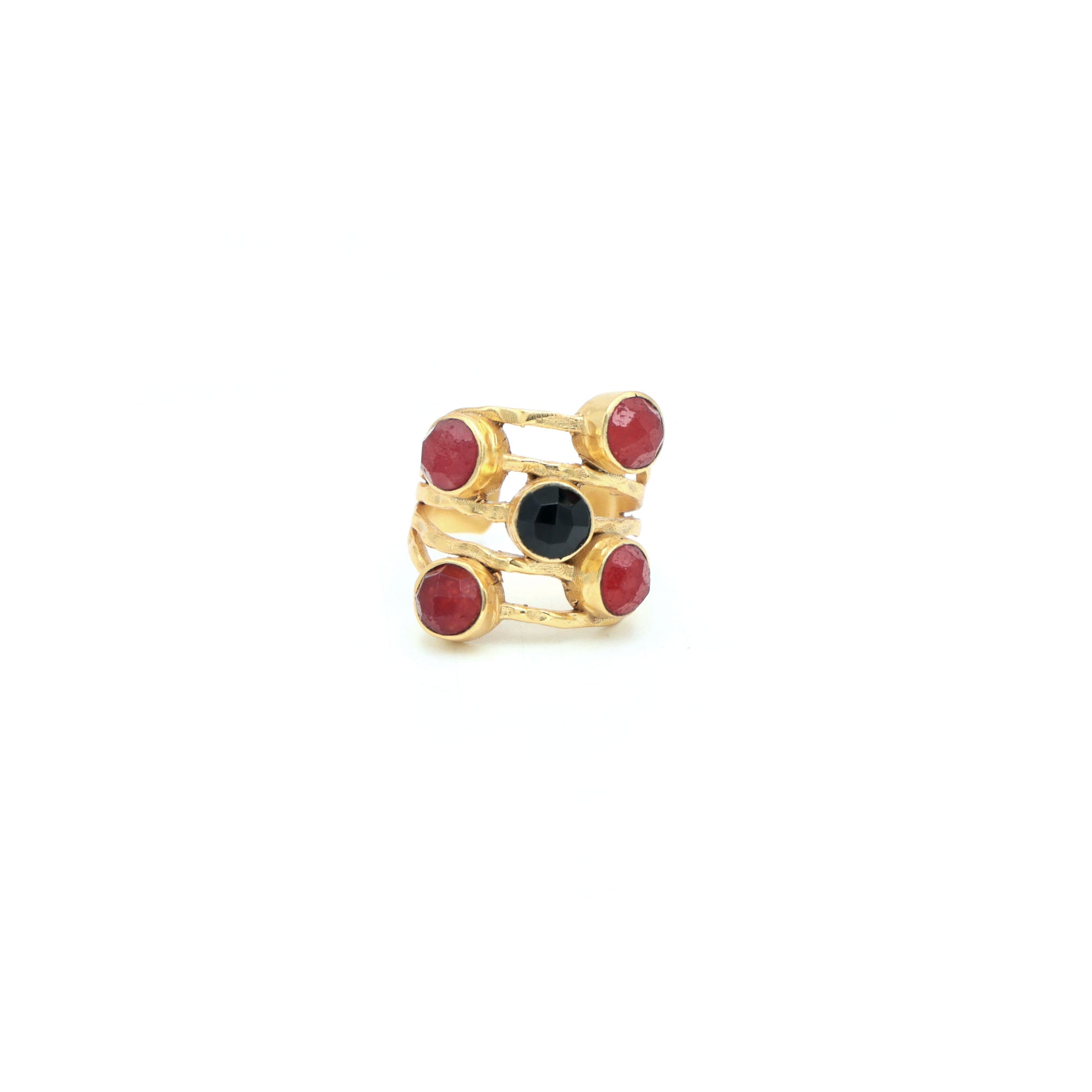 Dua Handmade Red Jade & Black Onyx Ring 6mm – Multicolor Adjustable Gold-Plated Statement Gemstone Ring