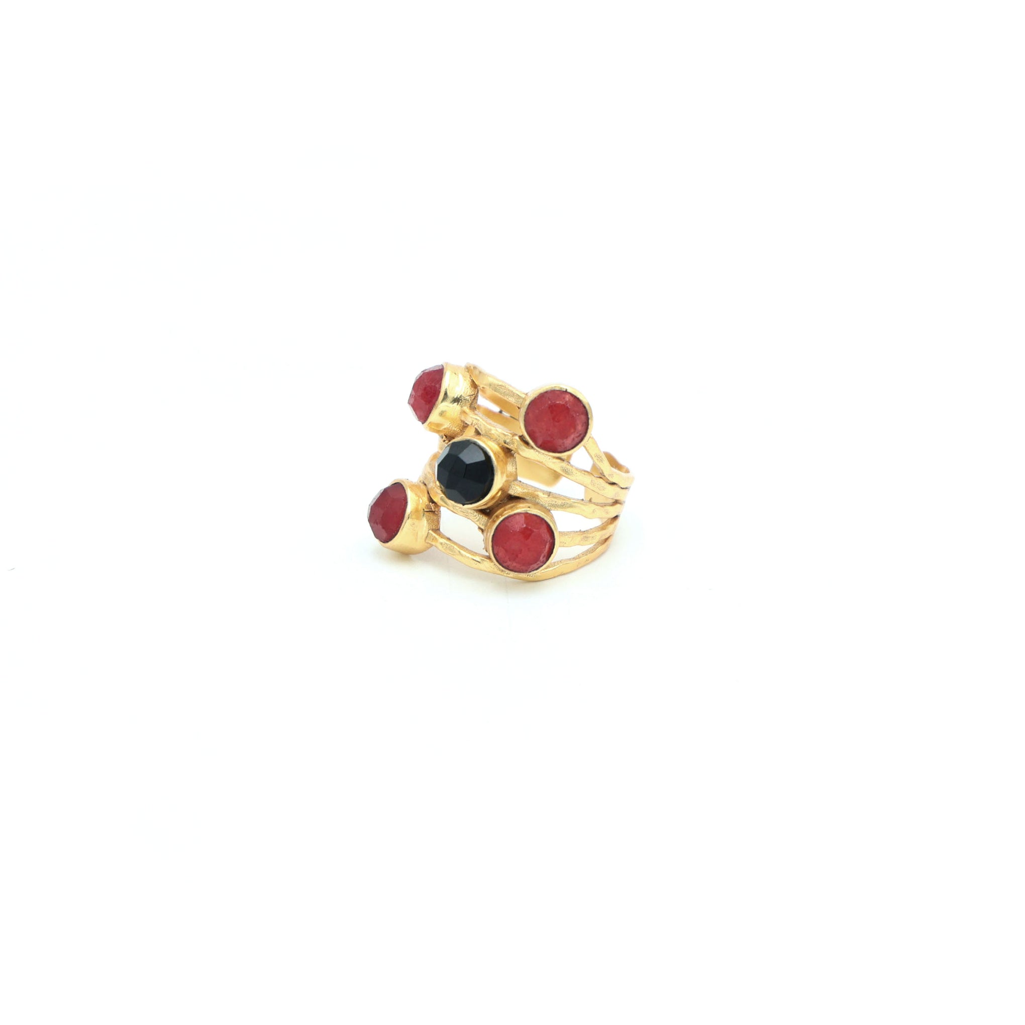Dua Handmade Red Jade & Black Onyx Ring 6mm – Multicolor Adjustable Gold-Plated Statement Gemstone Ring