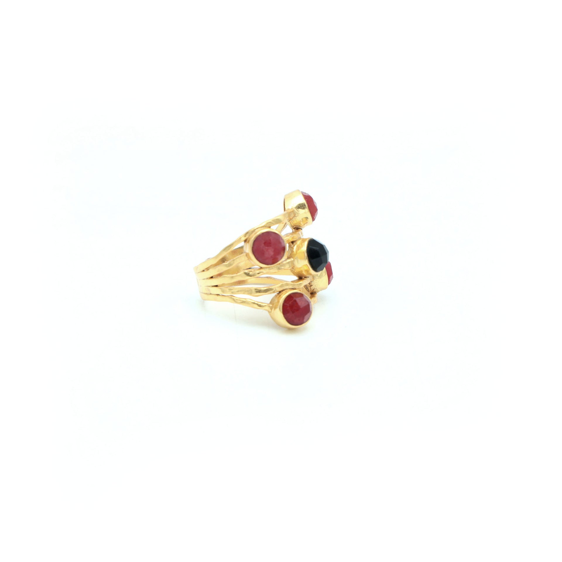 Dua Handmade Red Jade & Black Onyx Ring 6mm – Multicolor Adjustable Gold-Plated Statement Gemstone Ring