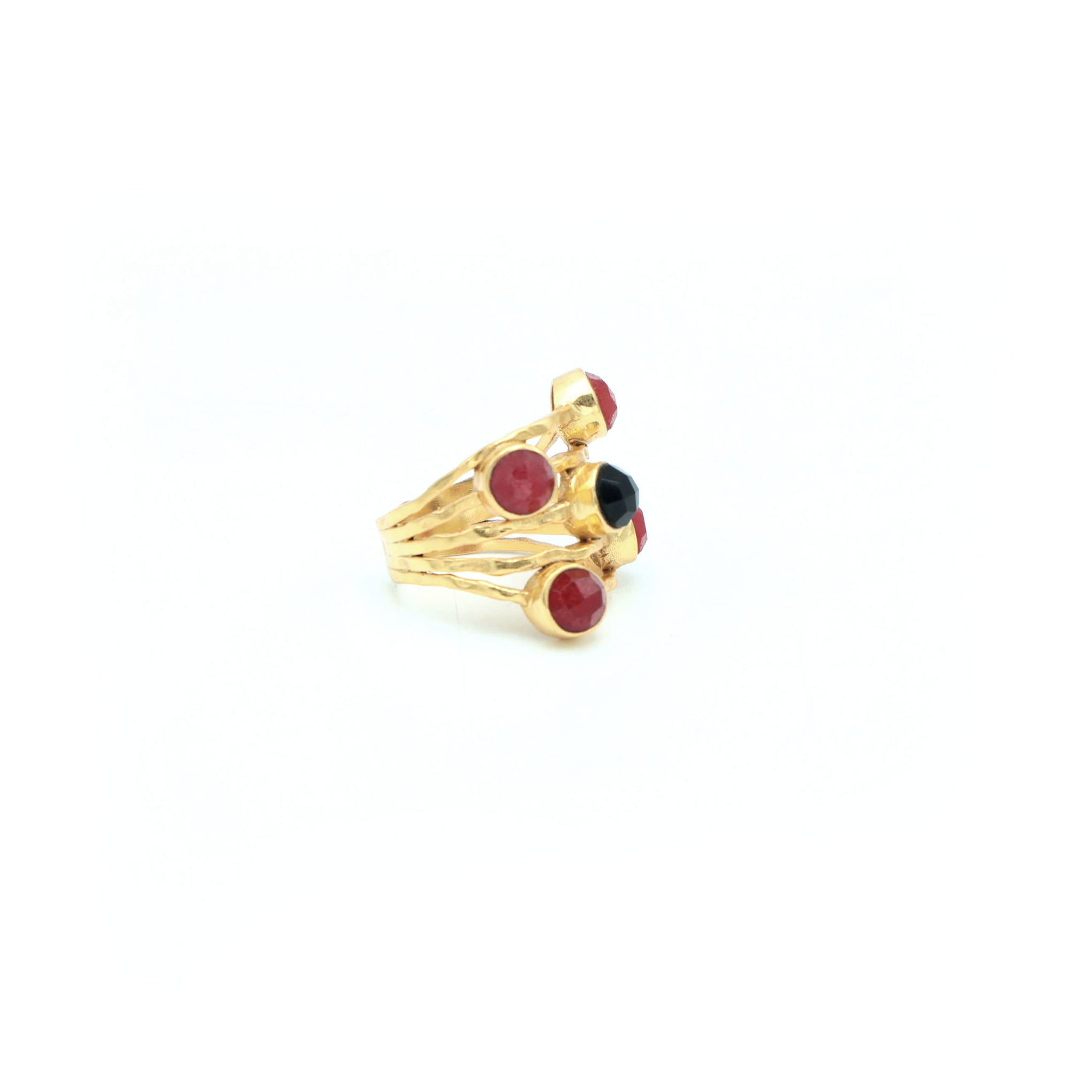 Dua Handmade Red Jade & Black Onyx Ring 6mm – Multicolor Adjustable Gold-Plated Statement Gemstone Ring