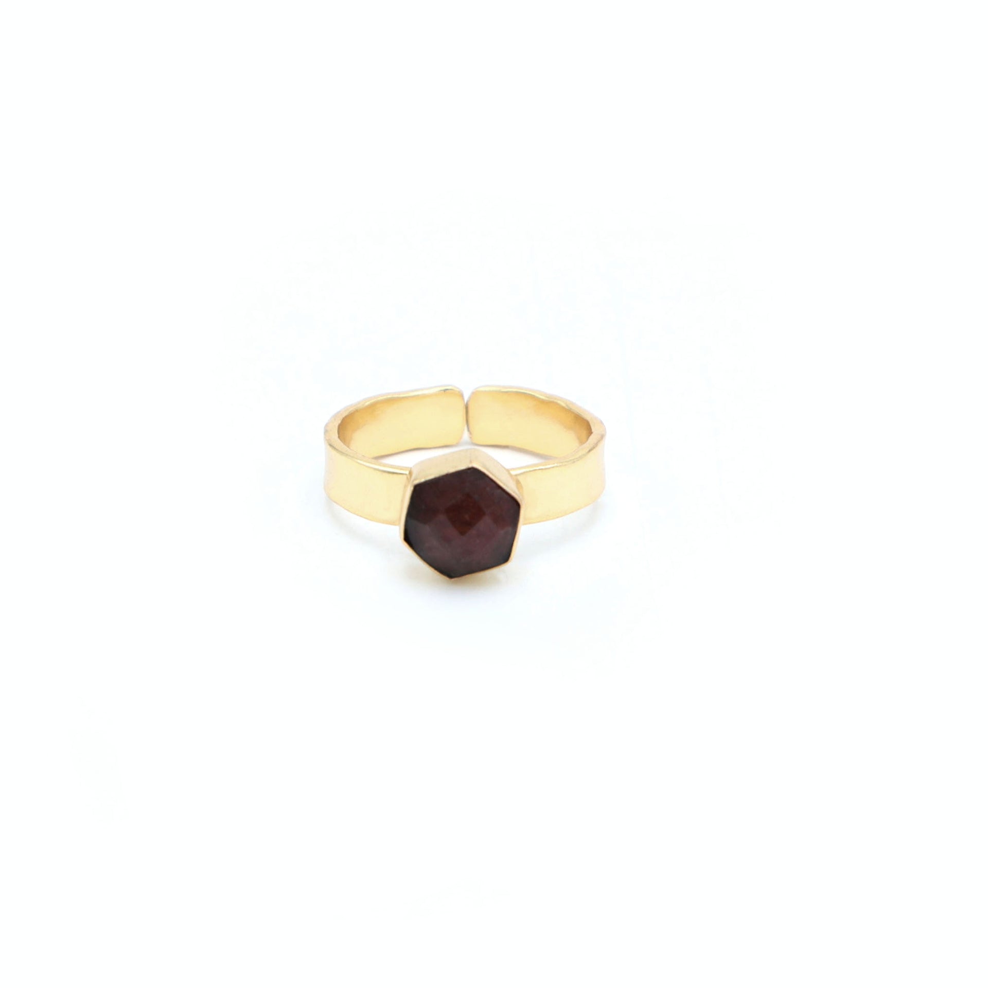 Dua Handmade Strawberry Quartz Hexagon Ring 7mm – Brown Adjustable Gold-Plated Modern Gemstone Jewelry