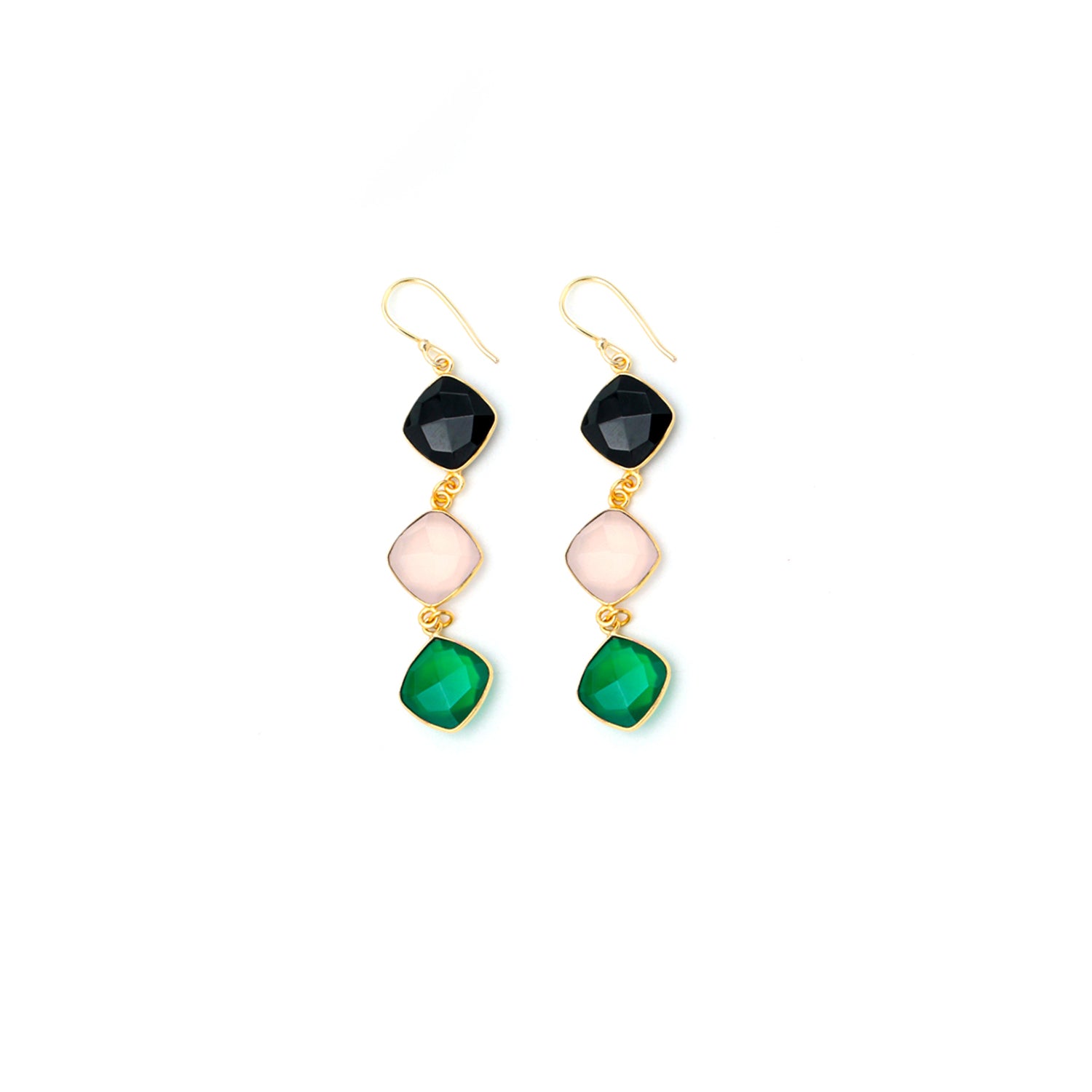 Dua Black Onyx, Pink Chalcedony & Green Onyx Earrings – Handmade 12mm Cushion Cut Multi-Stone Earrings