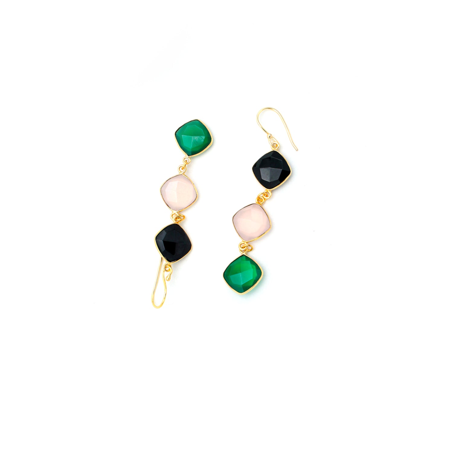 Dua Black Onyx, Pink Chalcedony & Green Onyx Earrings – Handmade 12mm Cushion Cut Multi-Stone Earrings