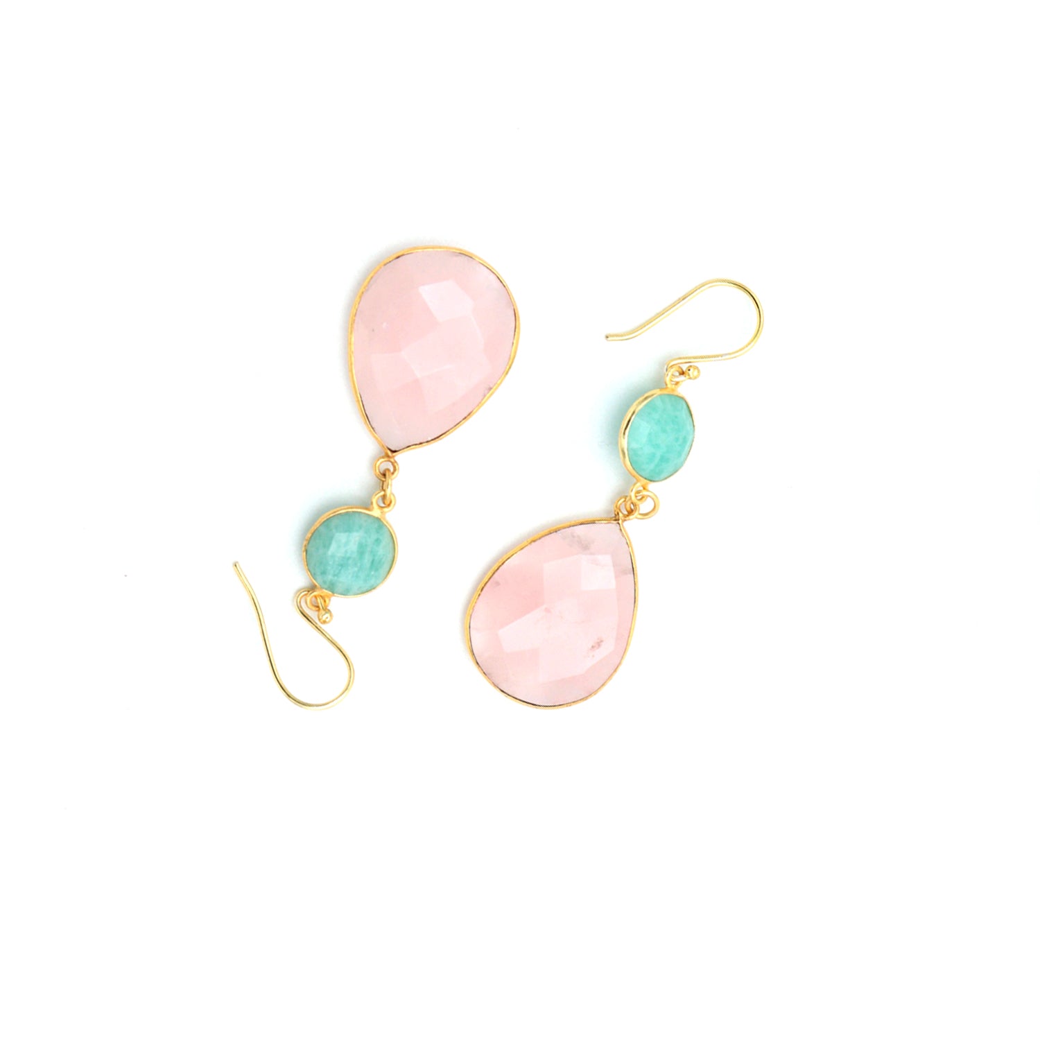 Dua Amazonite & Rose Quartz Earrings – Handmade Round & Pear Cut Natural Gemstone Earrings (11mm, 20x25mm)