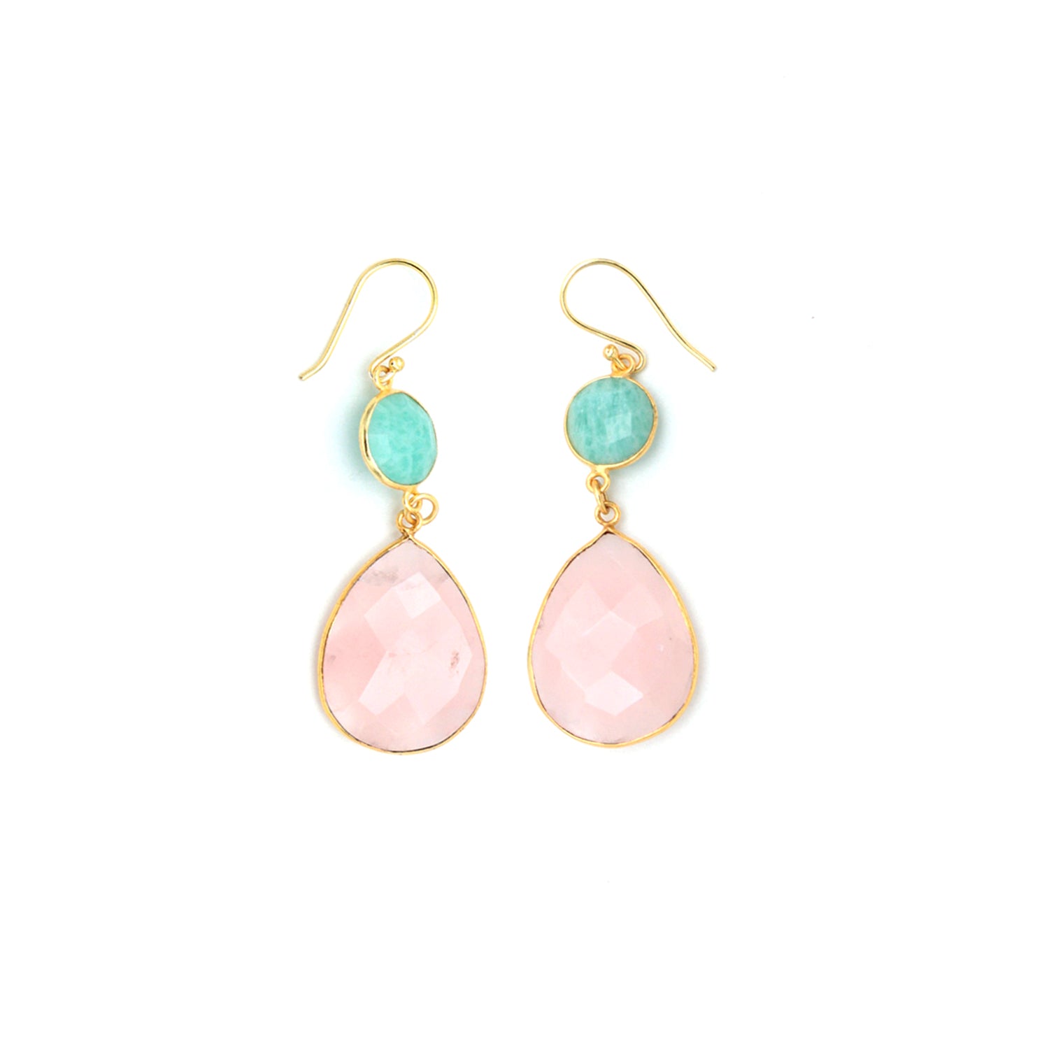 Dua Amazonite & Rose Quartz Earrings – Handmade Round & Pear Cut Natural Gemstone Earrings (11mm, 20x25mm)