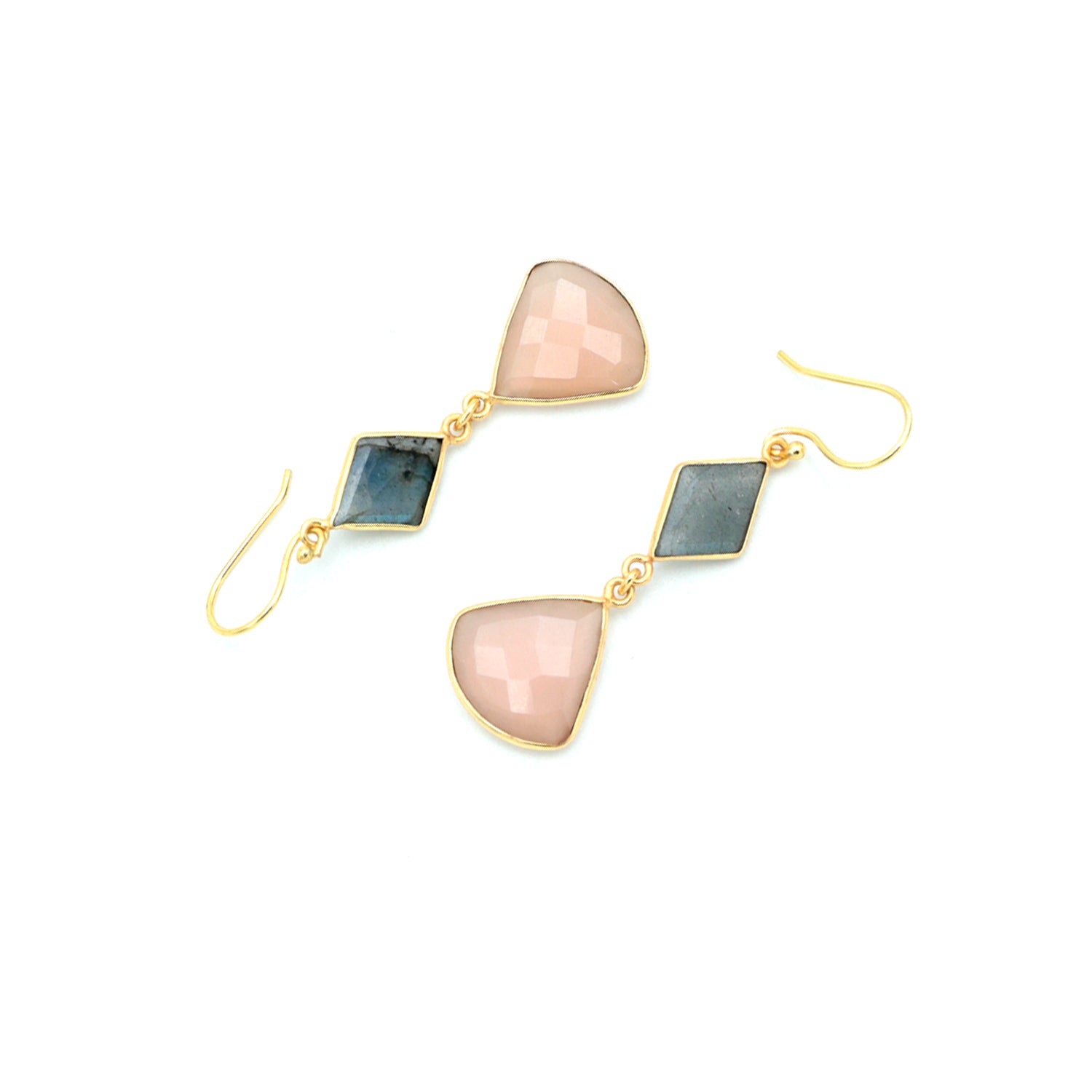 Dua Labradorite & Pink Chalcedony Earrings – Handmade Diamond & Quarter Circle Natural Stone Earrings (11x15mm, 17mm)