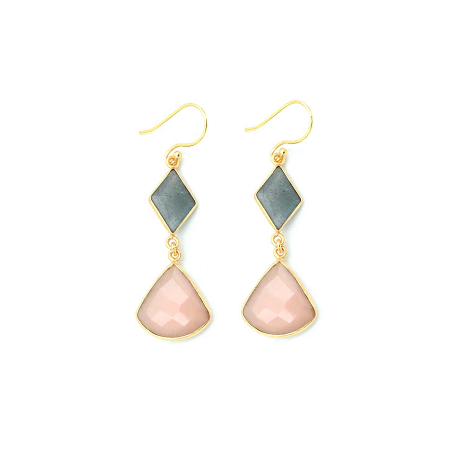 Dua Labradorite & Pink Chalcedony Earrings – Handmade Diamond & Quarter Circle Natural Stone Earrings (11x15mm, 17mm)