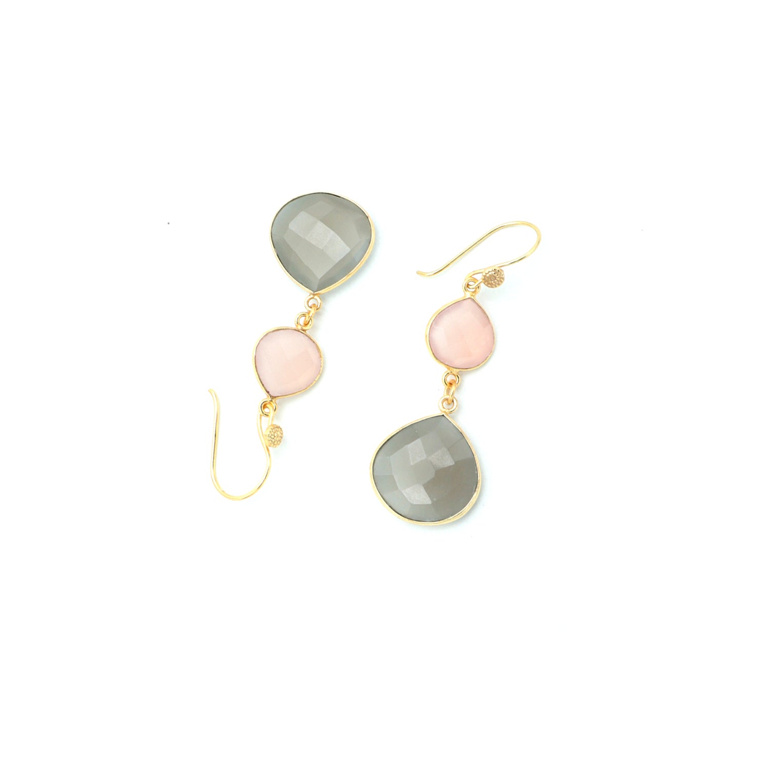 Dua Pink Chalcedony & Grey Moonstone Earrings – Handmade 12mm & 18mm Heart Cut Gemstone Earrings