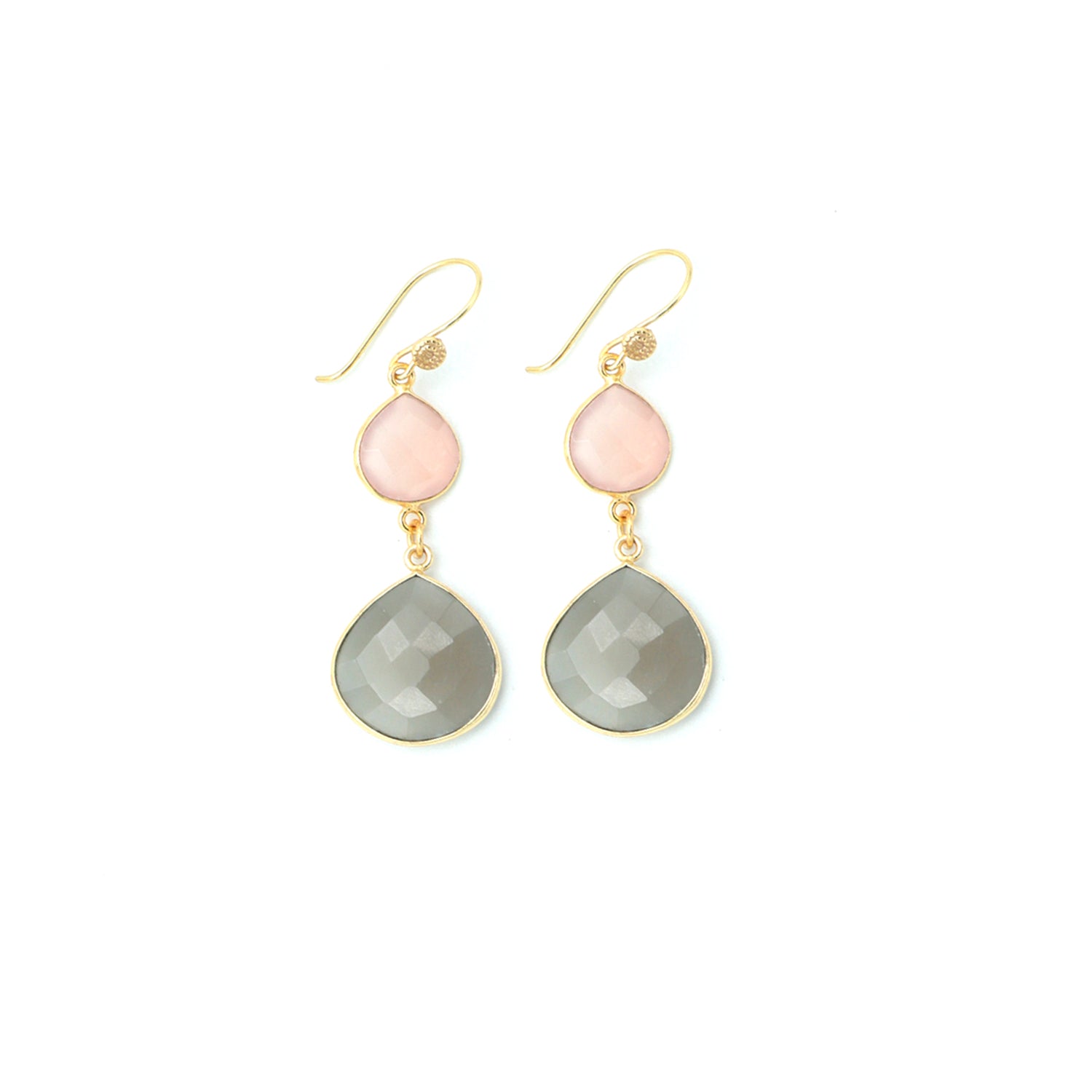 Dua Pink Chalcedony & Grey Moonstone Earrings – Handmade 12mm & 18mm Heart Cut Gemstone Earrings