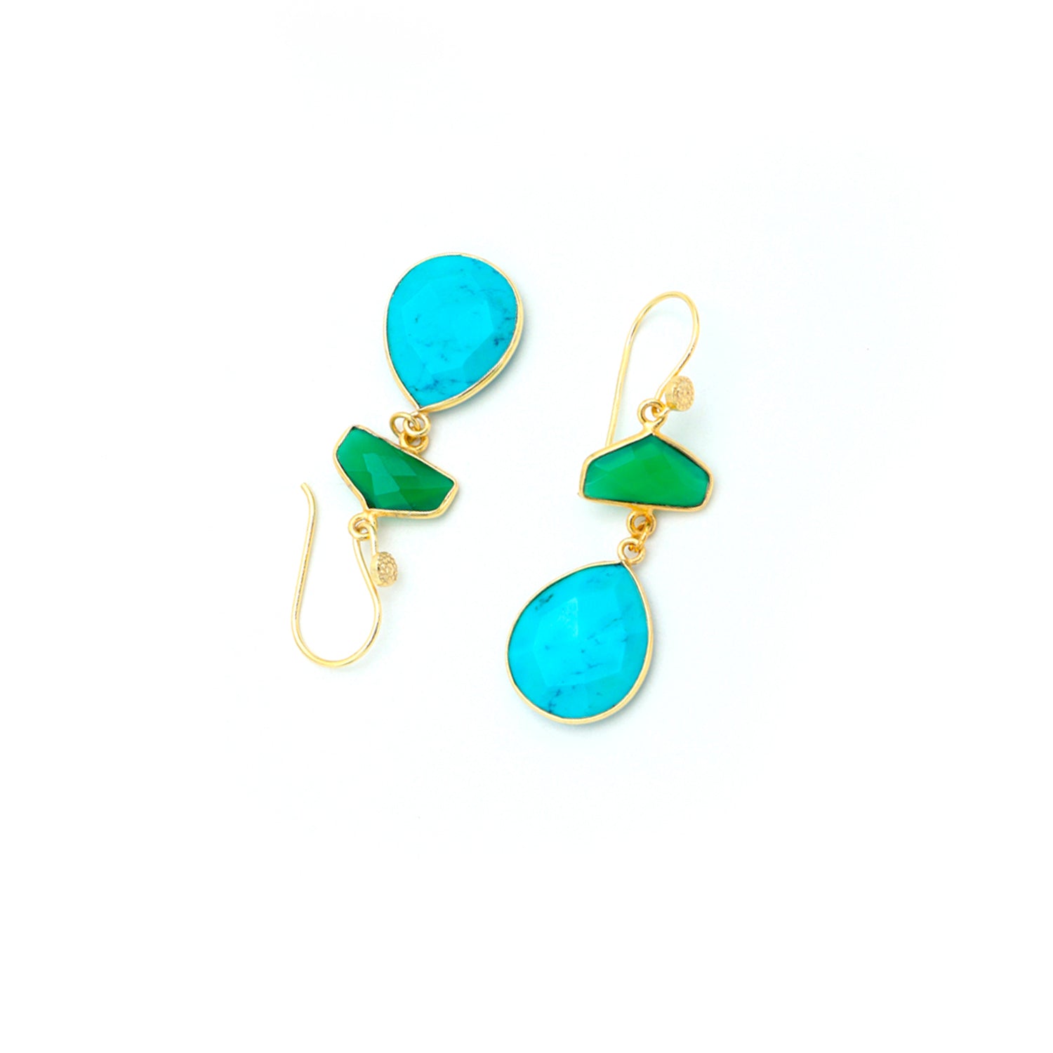 Dua Green Onyx & Turquoise Earrings – Handmade Half Hexagon & Pear Cut Gemstone Earrings (15mm, 15x18mm)