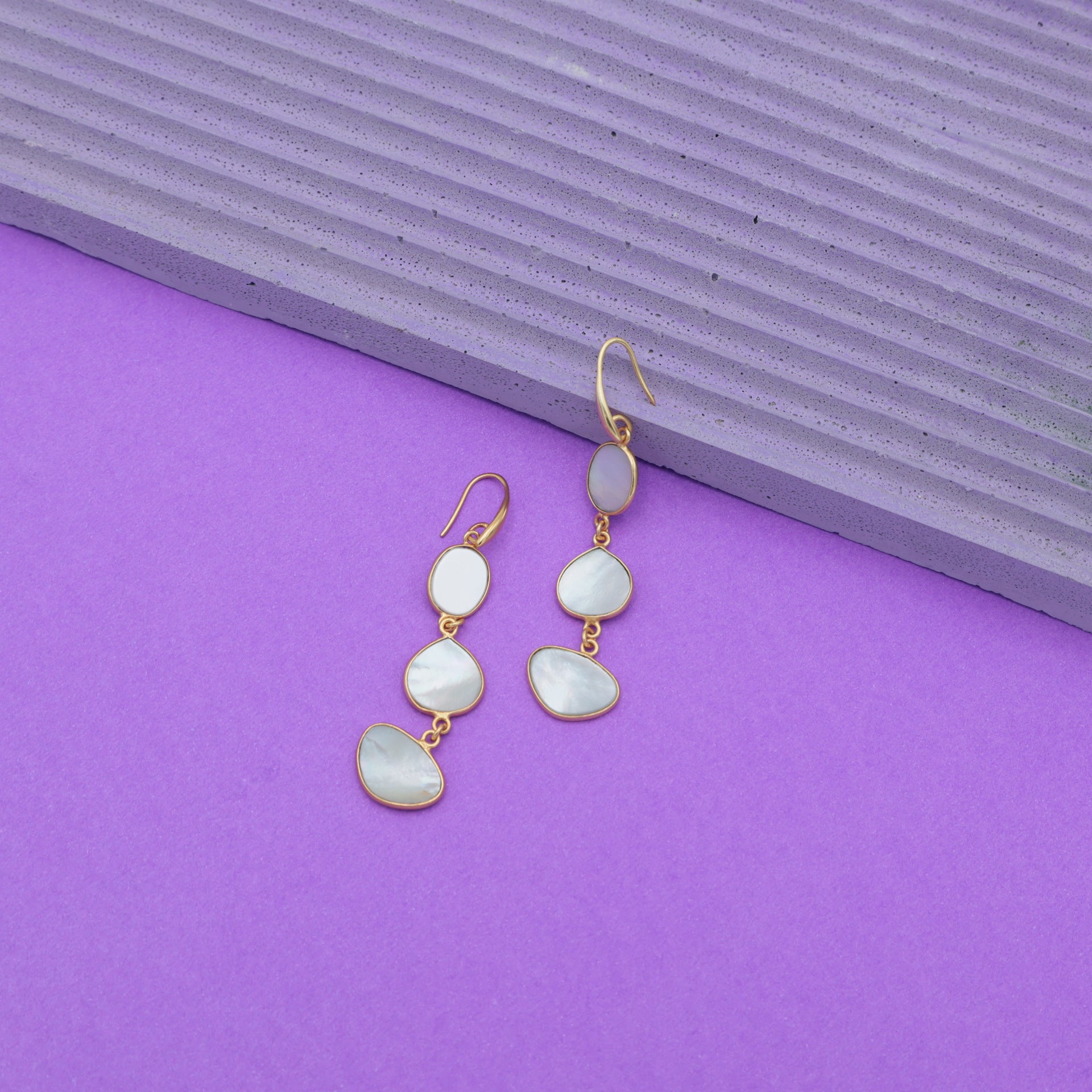 Dua Mother of Pearl Triple Earrings – Handmade Oval, Heart & Horizontal Oval Gemstone Earrings (9x11mm, 12mm, 10x15mm)