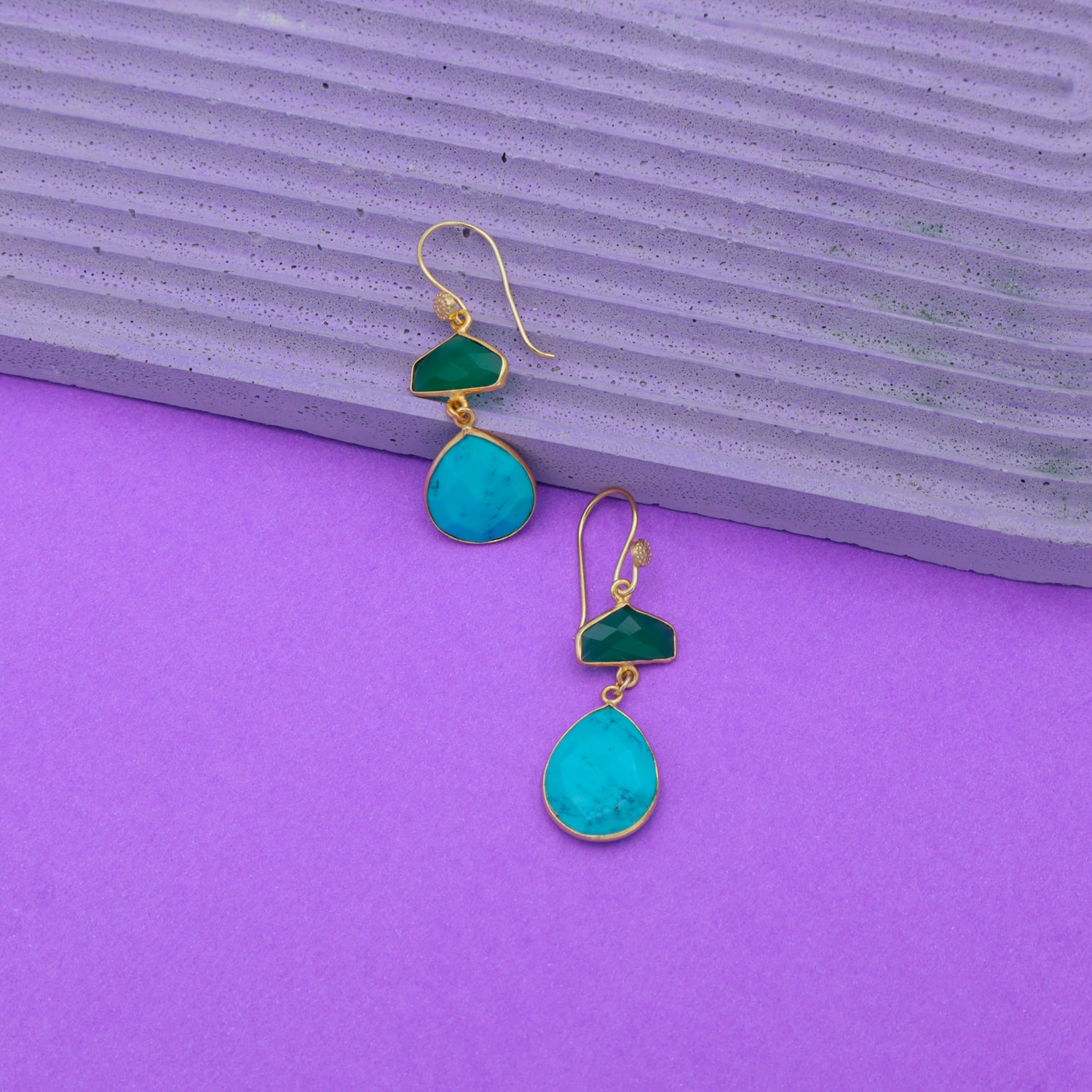 Dua Green Onyx & Turquoise Earrings – Handmade Half Hexagon & Pear Cut Gemstone Earrings (15mm, 15x18mm)
