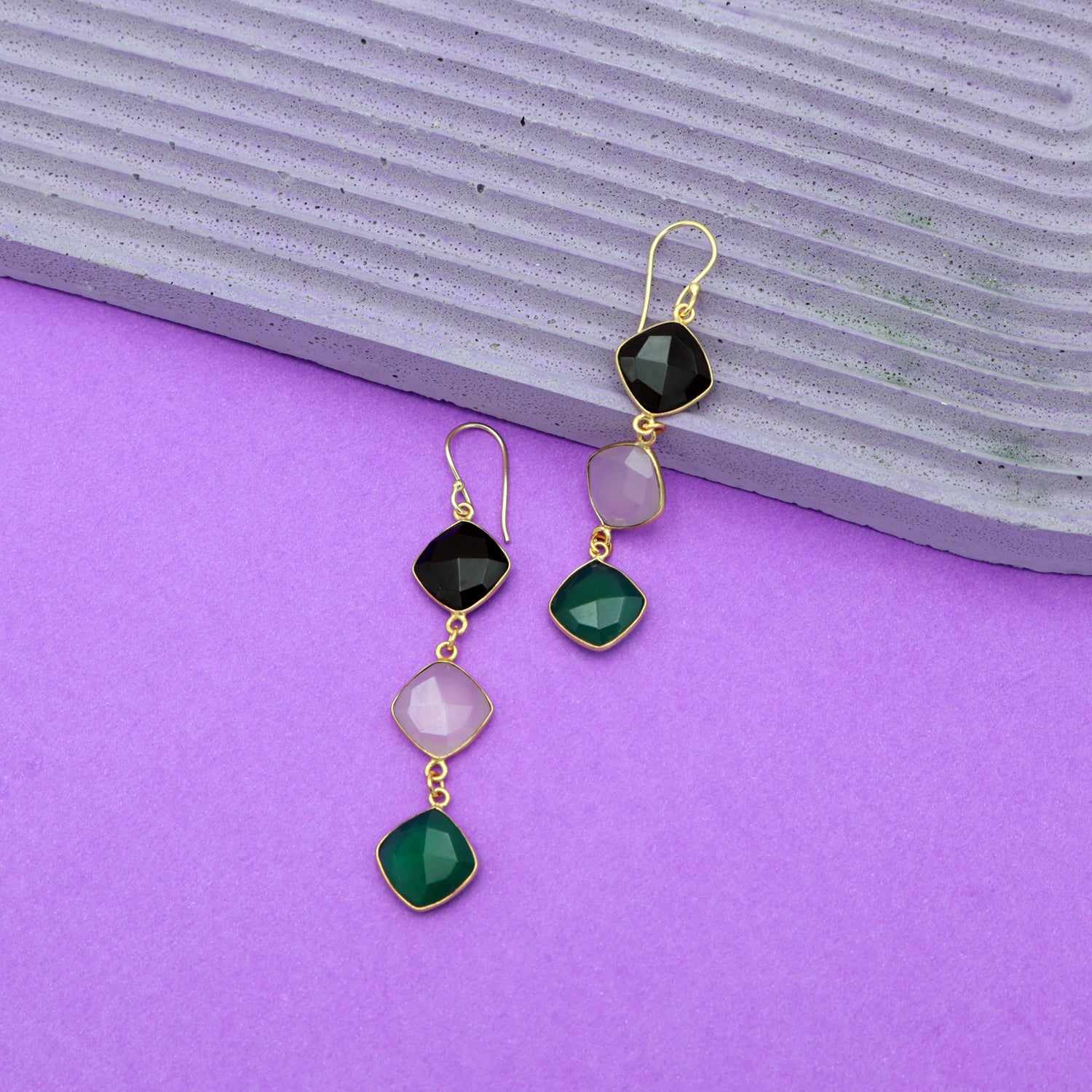 Dua Black Onyx, Pink Chalcedony & Green Onyx Earrings – Handmade 12mm Cushion Cut Multi-Stone Earrings