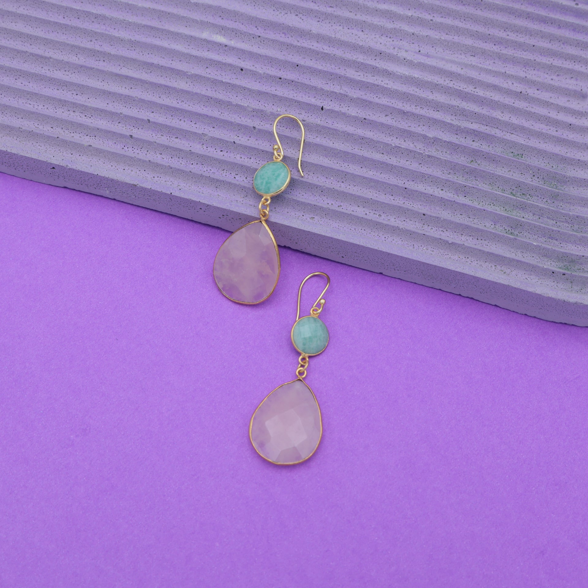 Dua Amazonite & Rose Quartz Earrings – Handmade Round & Pear Cut Natural Gemstone Earrings (11mm, 20x25mm)