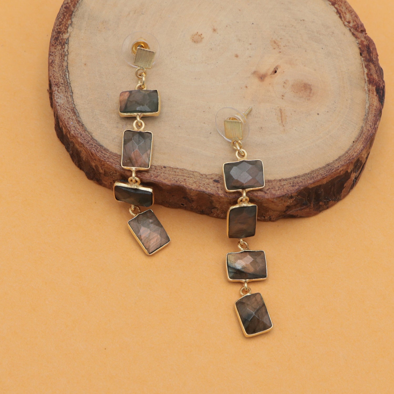 Dua Labradorite Rectangle Earrings – Handmade 7x10mm Natural Grey Gemstone Earrings