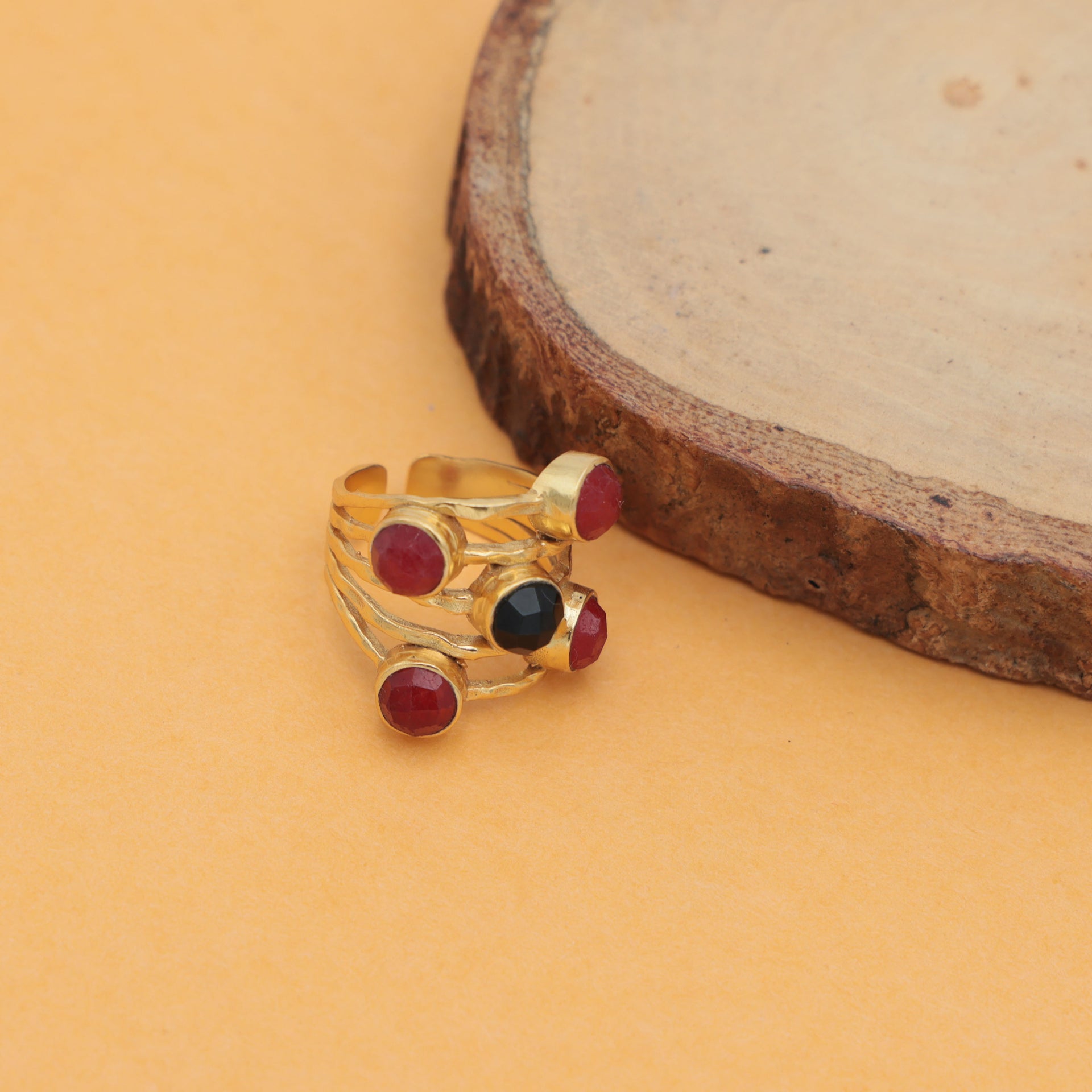 Dua Handmade Red Jade & Black Onyx Ring 6mm – Multicolor Adjustable Gold-Plated Statement Gemstone Ring