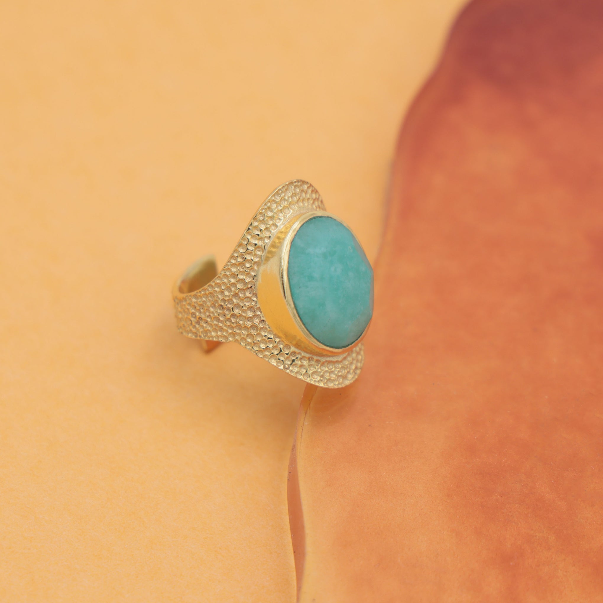 Dua Handmade Amazonite Oval Ring 11x15mm – Green Adjustable Gold-Plated Contemporary Gemstone Jewelry