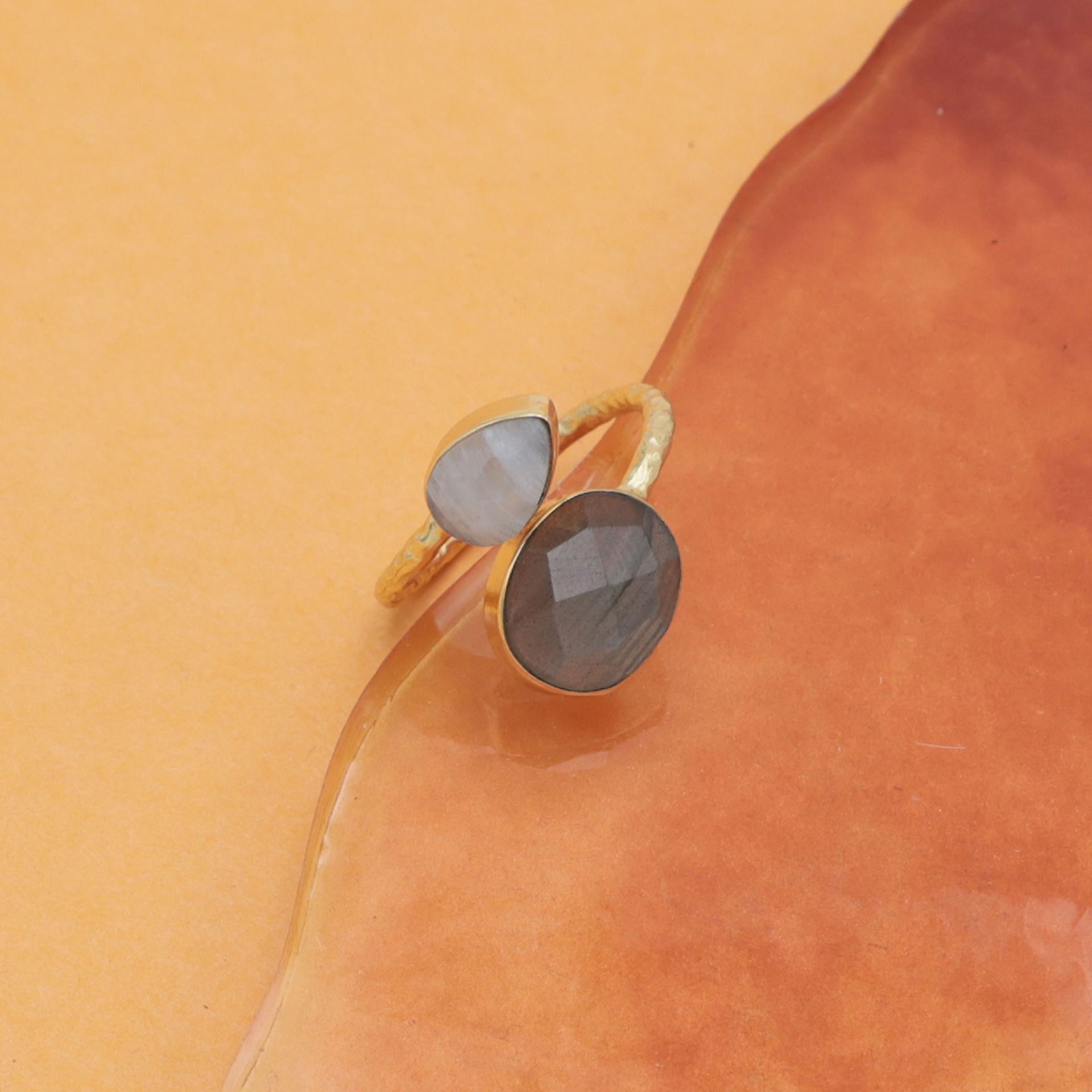 Dua Handmade Labradorite & Rainbow Moonstone Ring – Adjustable Gold-Plated Dual Stone Oval & Pear Ring