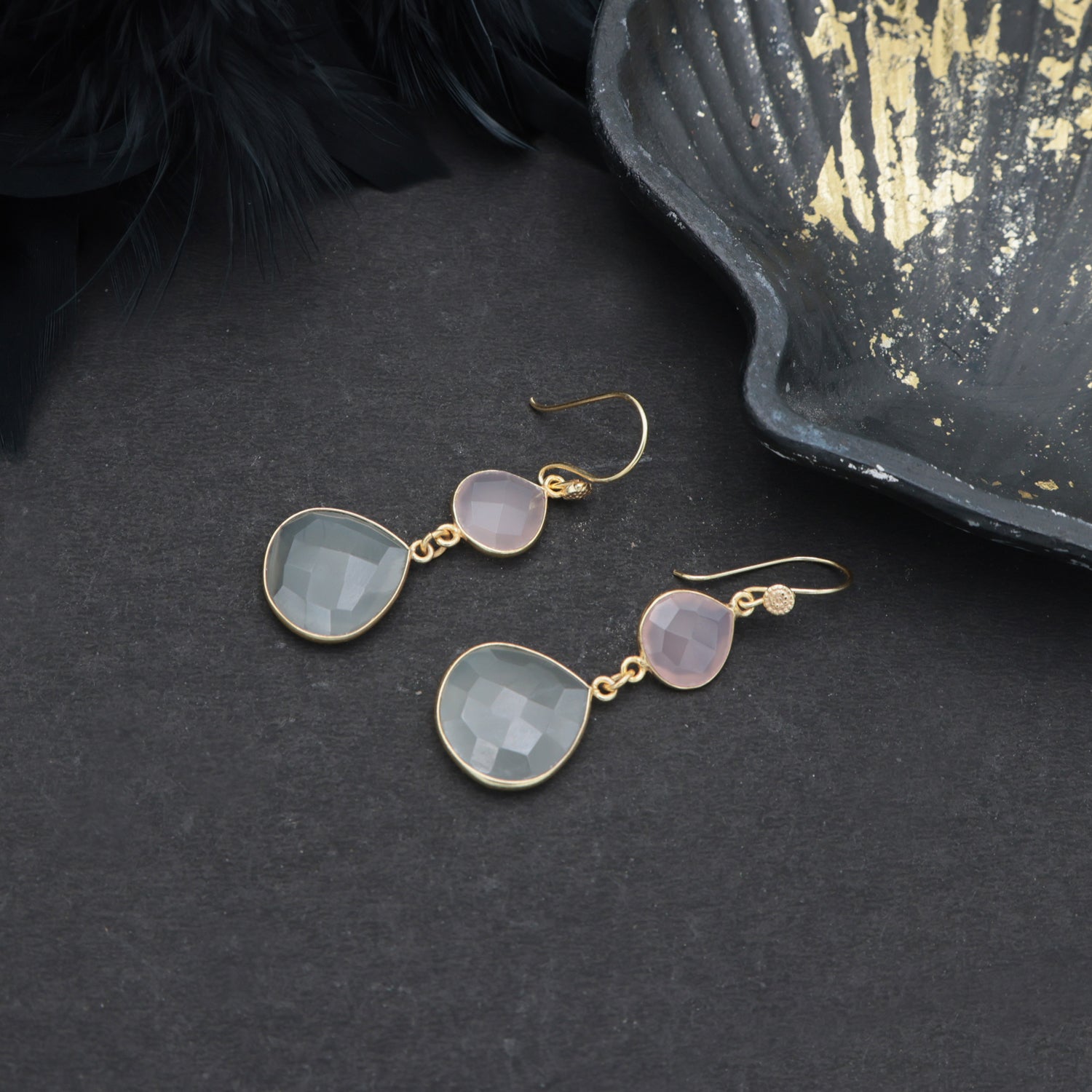 Dua Pink Chalcedony & Grey Moonstone Earrings – Handmade 12mm & 18mm Heart Cut Gemstone Earrings