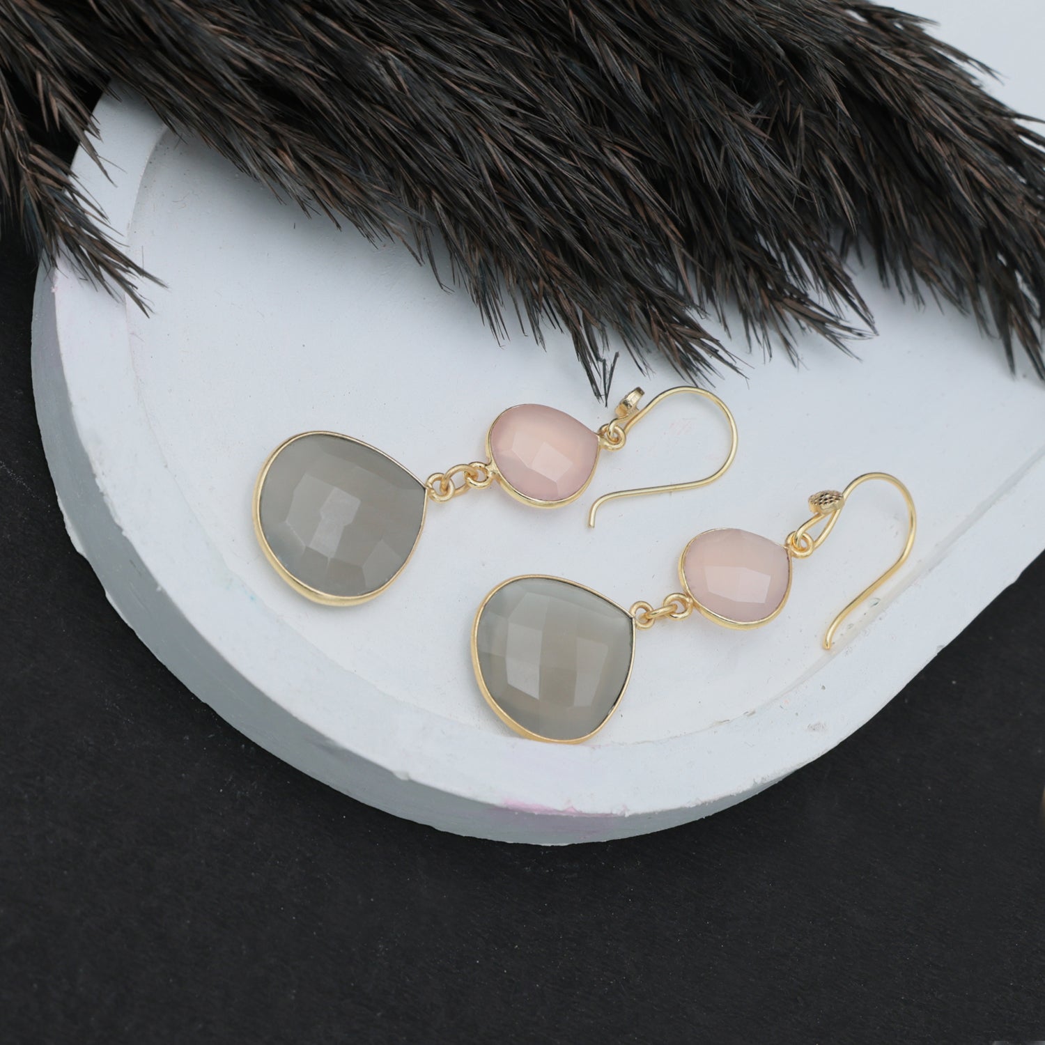 Dua Pink Chalcedony & Grey Moonstone Earrings – Handmade 12mm & 18mm Heart Cut Gemstone Earrings