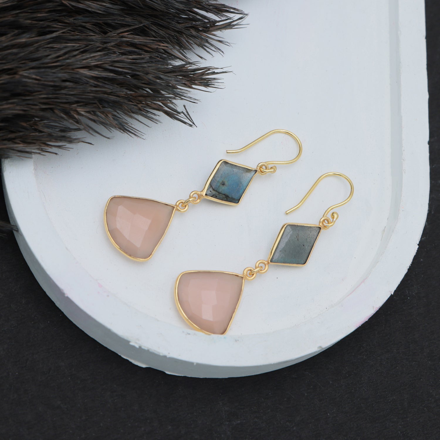 Dua Labradorite & Pink Chalcedony Earrings – Handmade Diamond & Quarter Circle Natural Stone Earrings (11x15mm, 17mm)