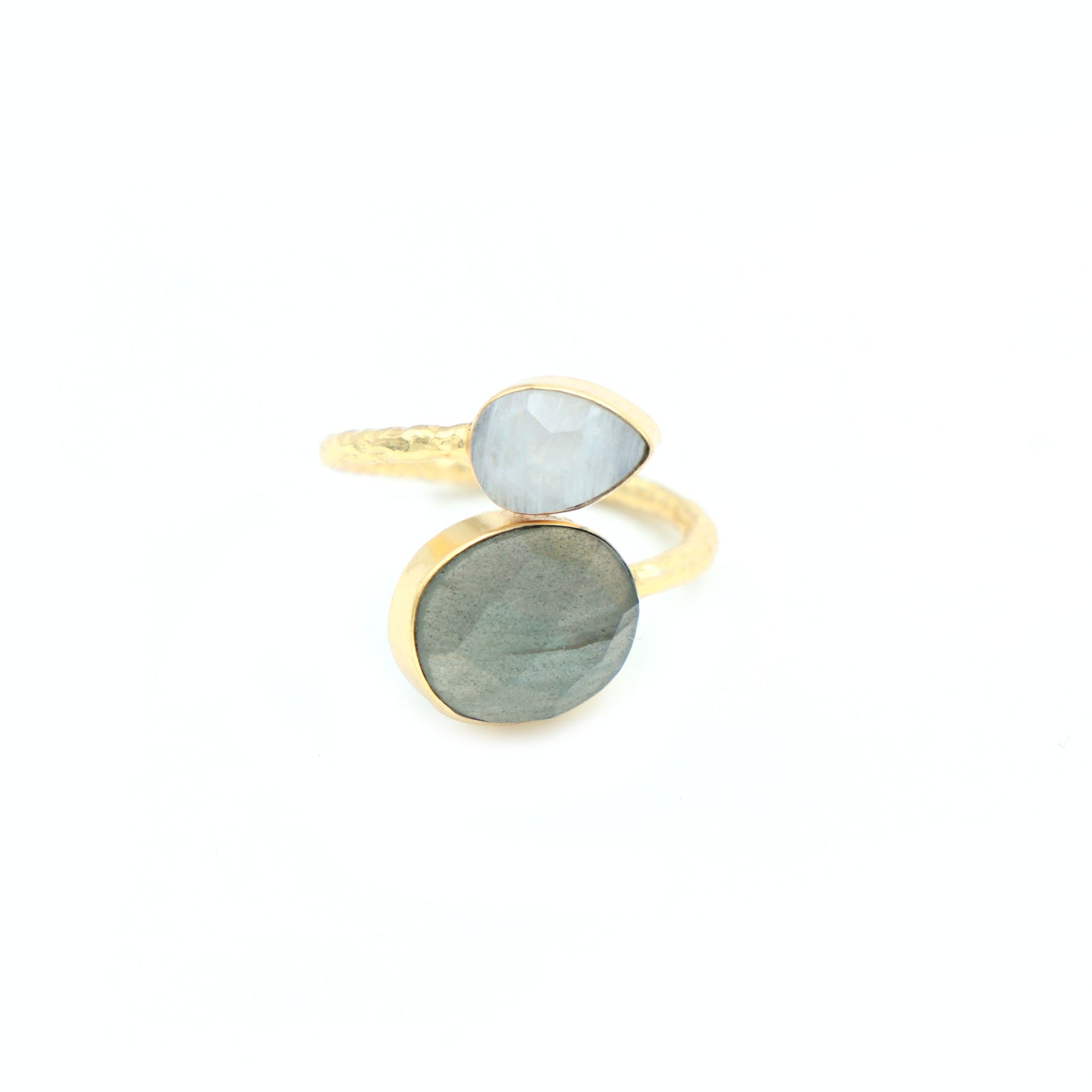 Dua Handmade Labradorite & Rainbow Moonstone Ring – Adjustable Gold-Plated Dual Stone Oval & Pear Ring