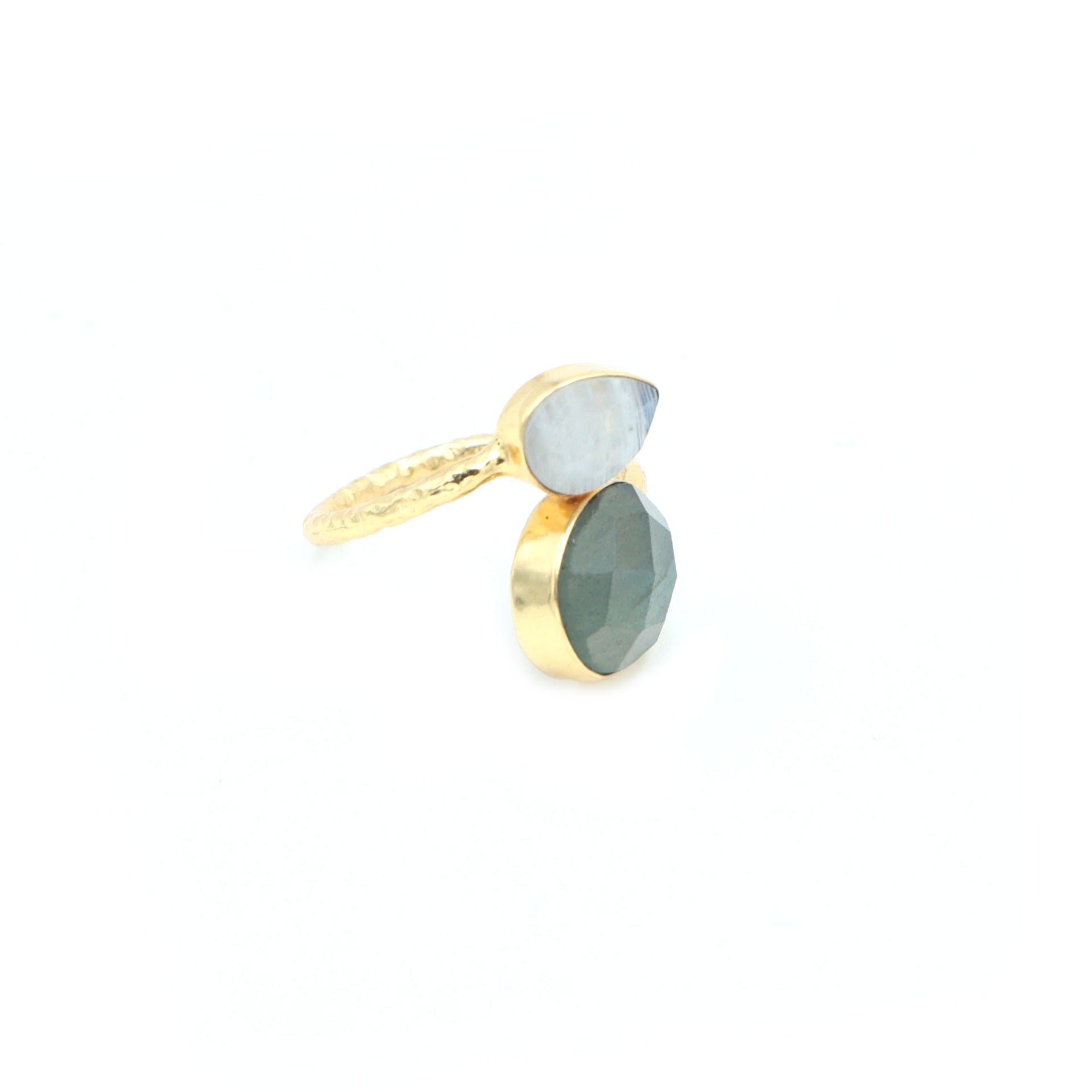 Dua Handmade Labradorite & Rainbow Moonstone Ring – Adjustable Gold-Plated Dual Stone Oval & Pear Ring