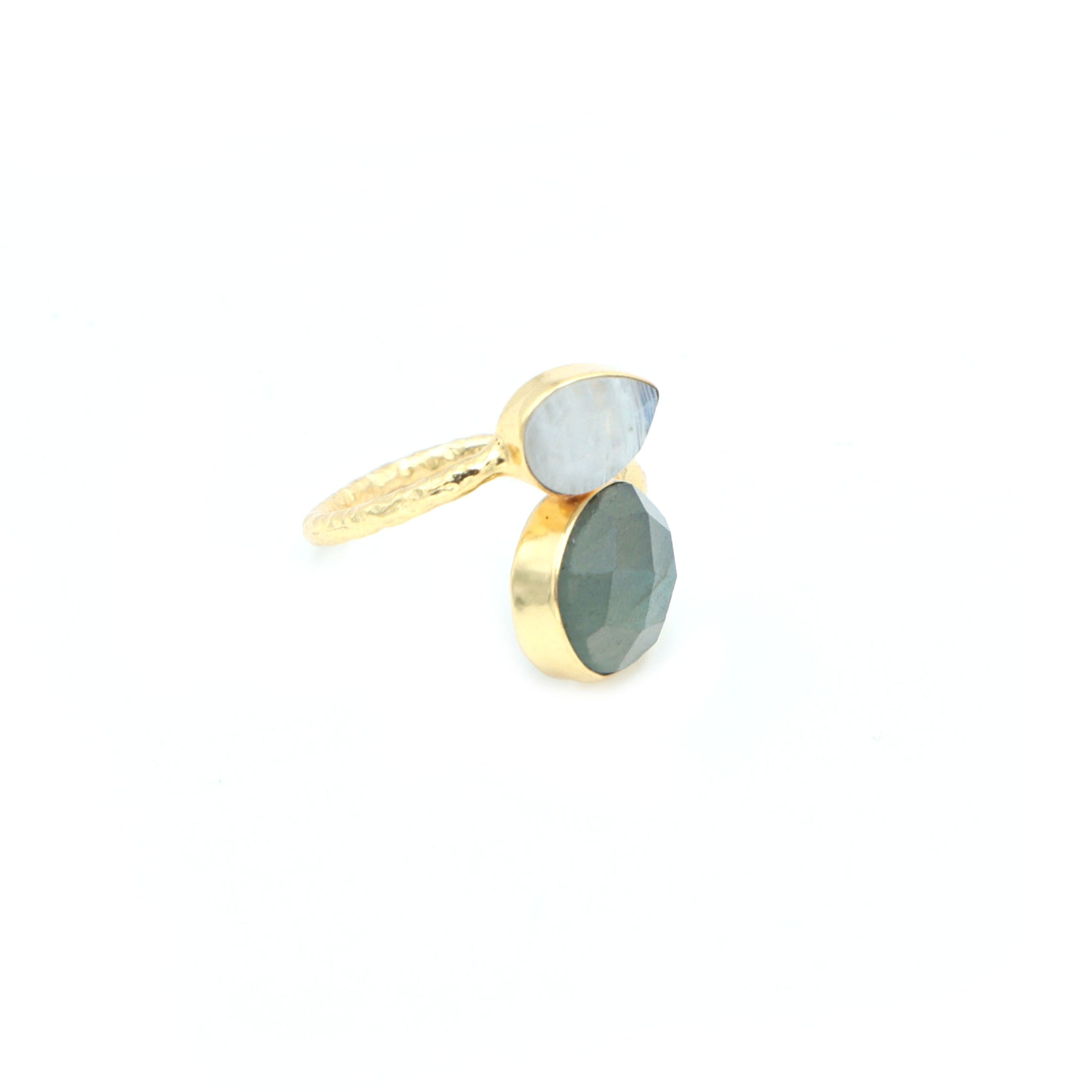 Dua Handmade Labradorite & Rainbow Moonstone Ring – Adjustable Gold-Plated Dual Stone Oval & Pear Ring