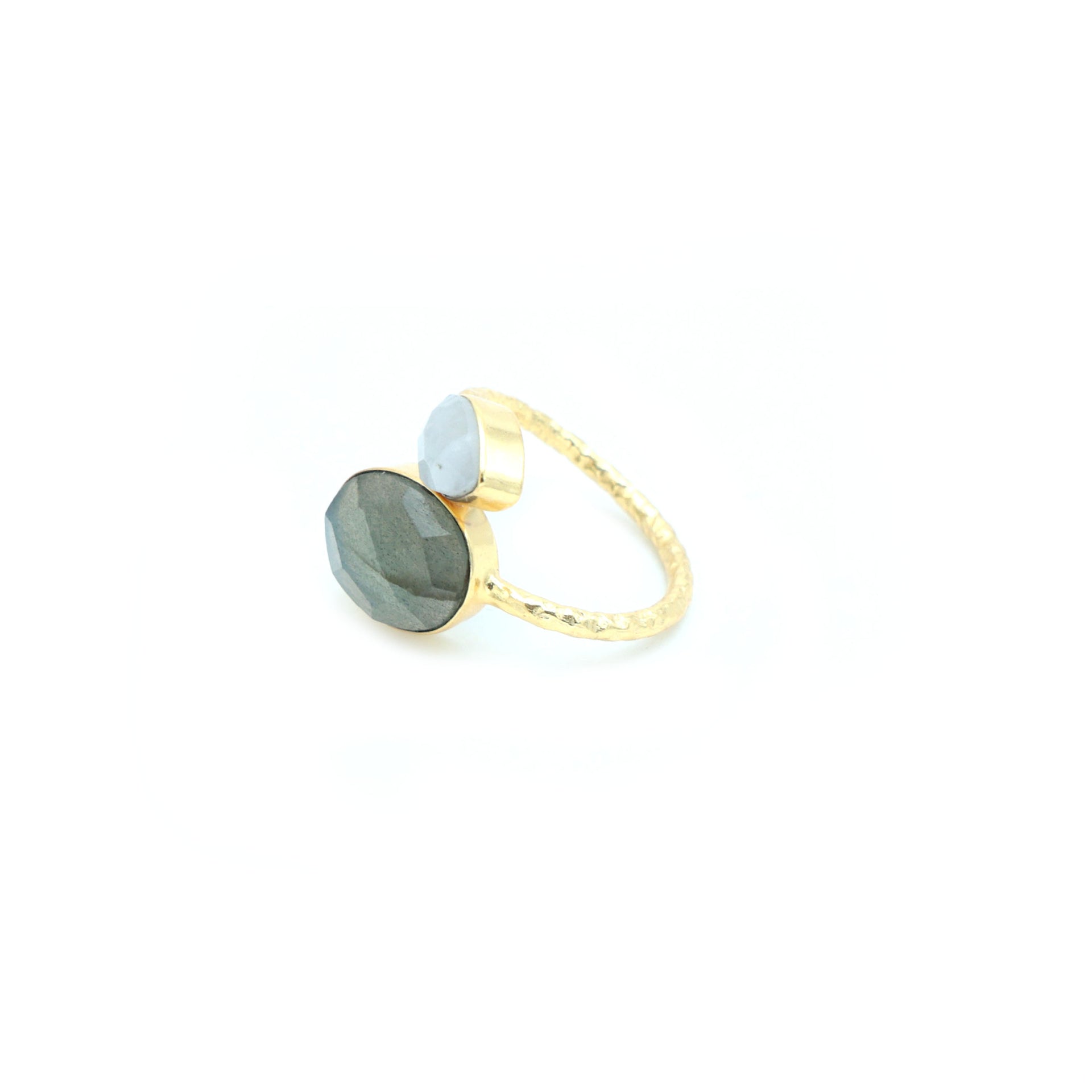 Dua Handmade Labradorite & Rainbow Moonstone Ring – Adjustable Gold-Plated Dual Stone Oval & Pear Ring