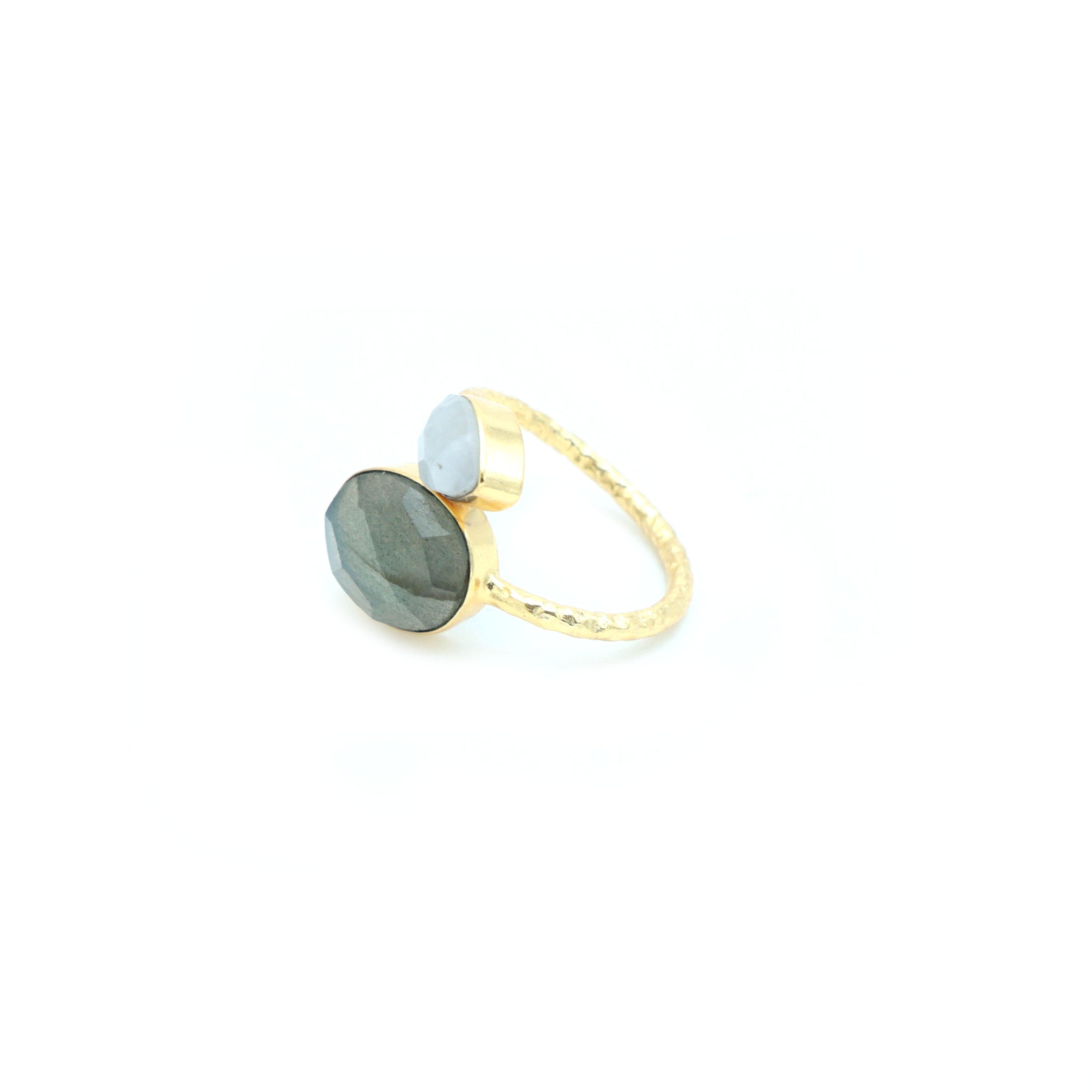 Dua Handmade Labradorite & Rainbow Moonstone Ring – Adjustable Gold-Plated Dual Stone Oval & Pear Ring