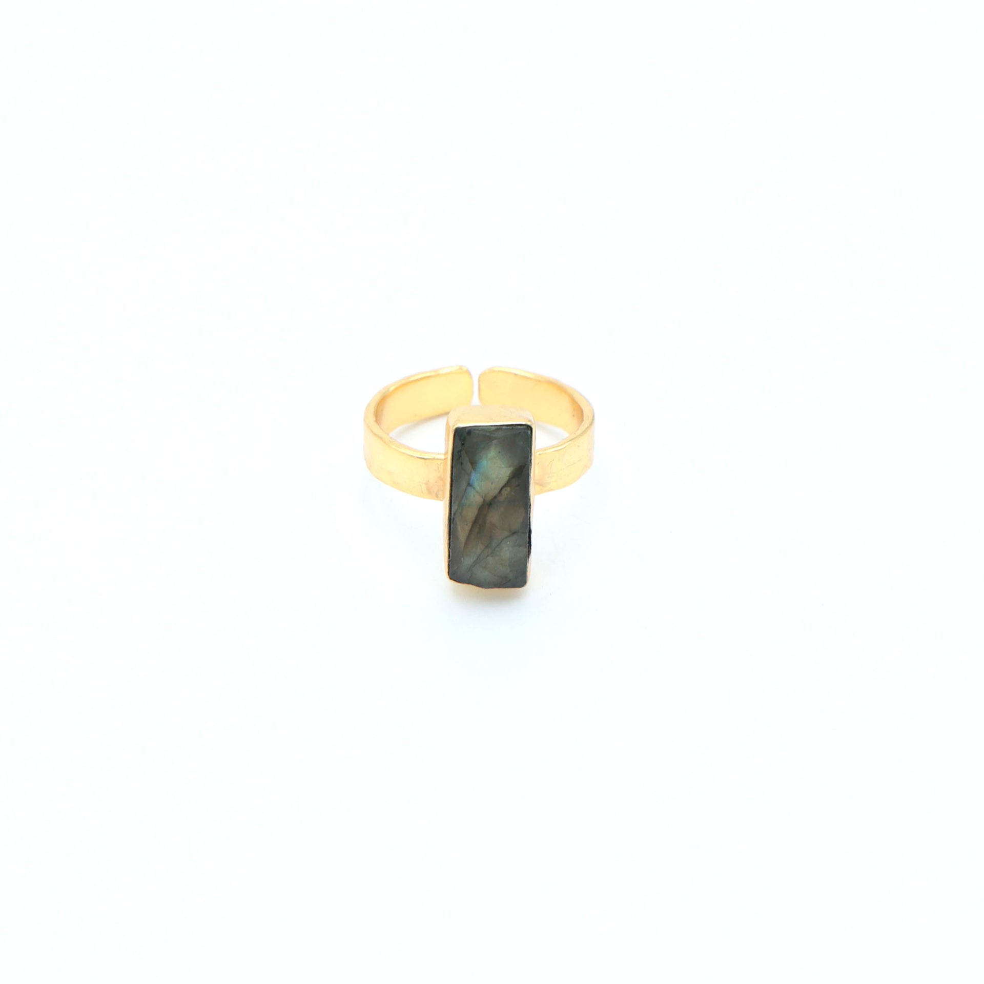 Dua Handmade Labradorite Rectangle Ring 6x14mm – Adjustable Gold-Plated Grey Gemstone Ring for Women & Girls