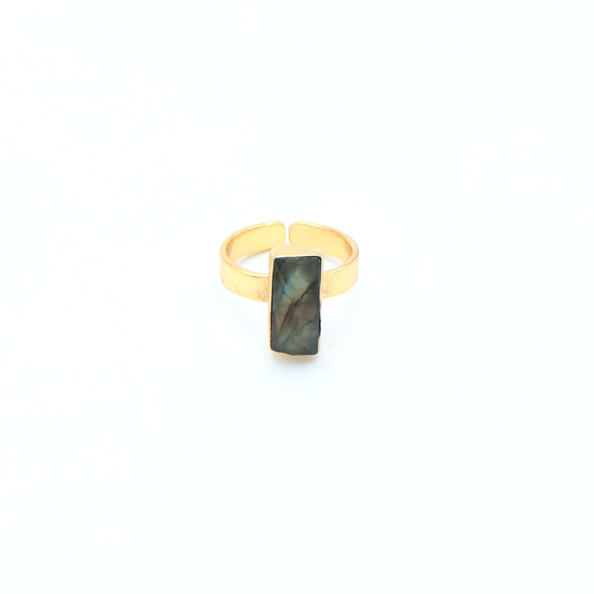 Dua Handmade Labradorite Rectangle Ring 6x14mm – Adjustable Gold-Plated Grey Gemstone Ring for Women & Girls