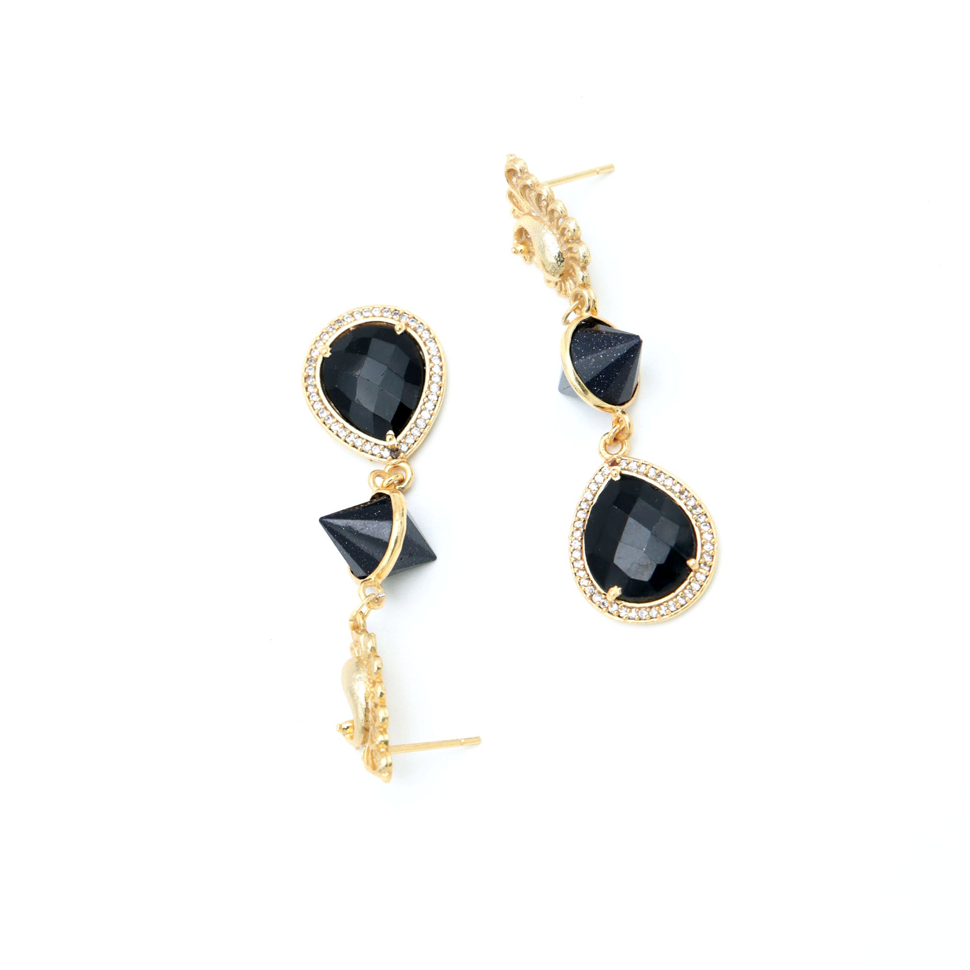 Dua Blue Sunstone & Black Onyx CZ Earrings – Handmade Cone & Pear Cut Natural Gemstone Earrings (10x14mm, 12x15mm)