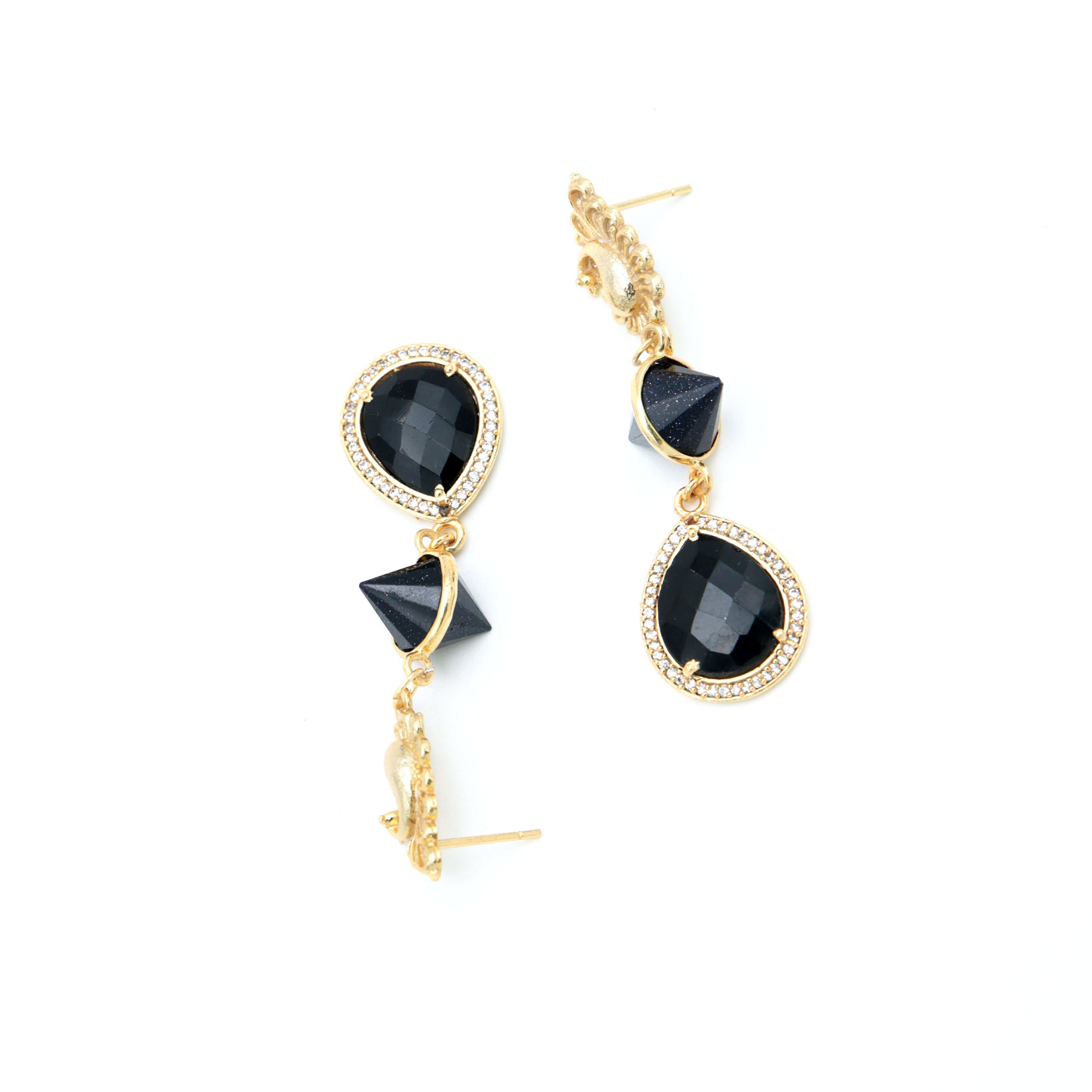 Dua Blue Sunstone & Black Onyx CZ Earrings – Handmade Cone & Pear Cut Natural Gemstone Earrings (10x14mm, 12x15mm)
