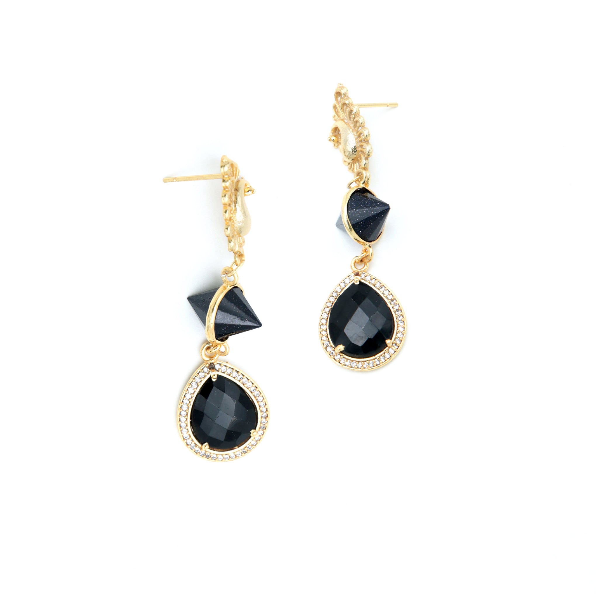Dua Blue Sunstone & Black Onyx CZ Earrings – Handmade Cone & Pear Cut Natural Gemstone Earrings (10x14mm, 12x15mm)