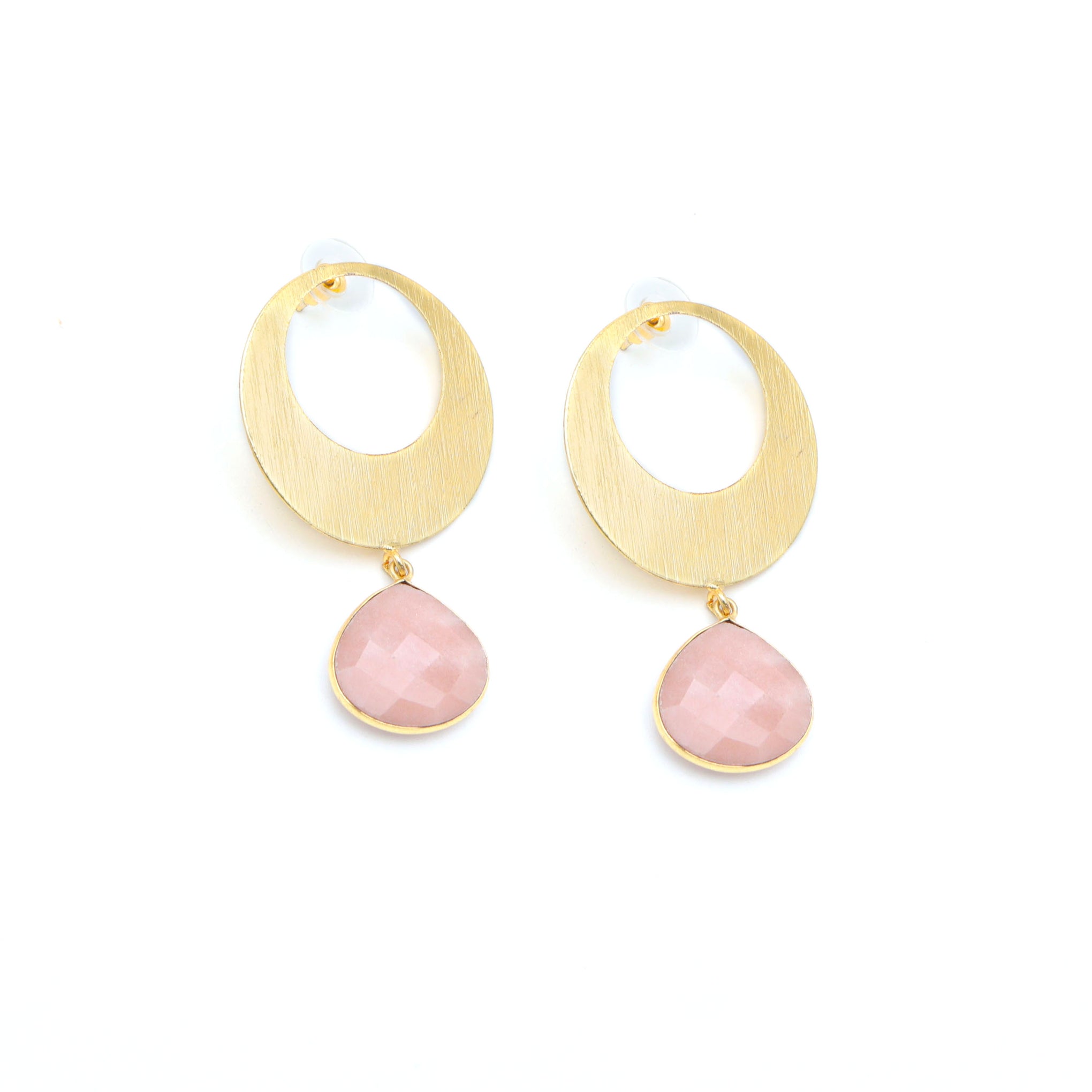 Dua Peach Moonstone Heart Earrings – Handmade 18mm Natural Gemstone Gold-Plated Brass Jewelry for Women