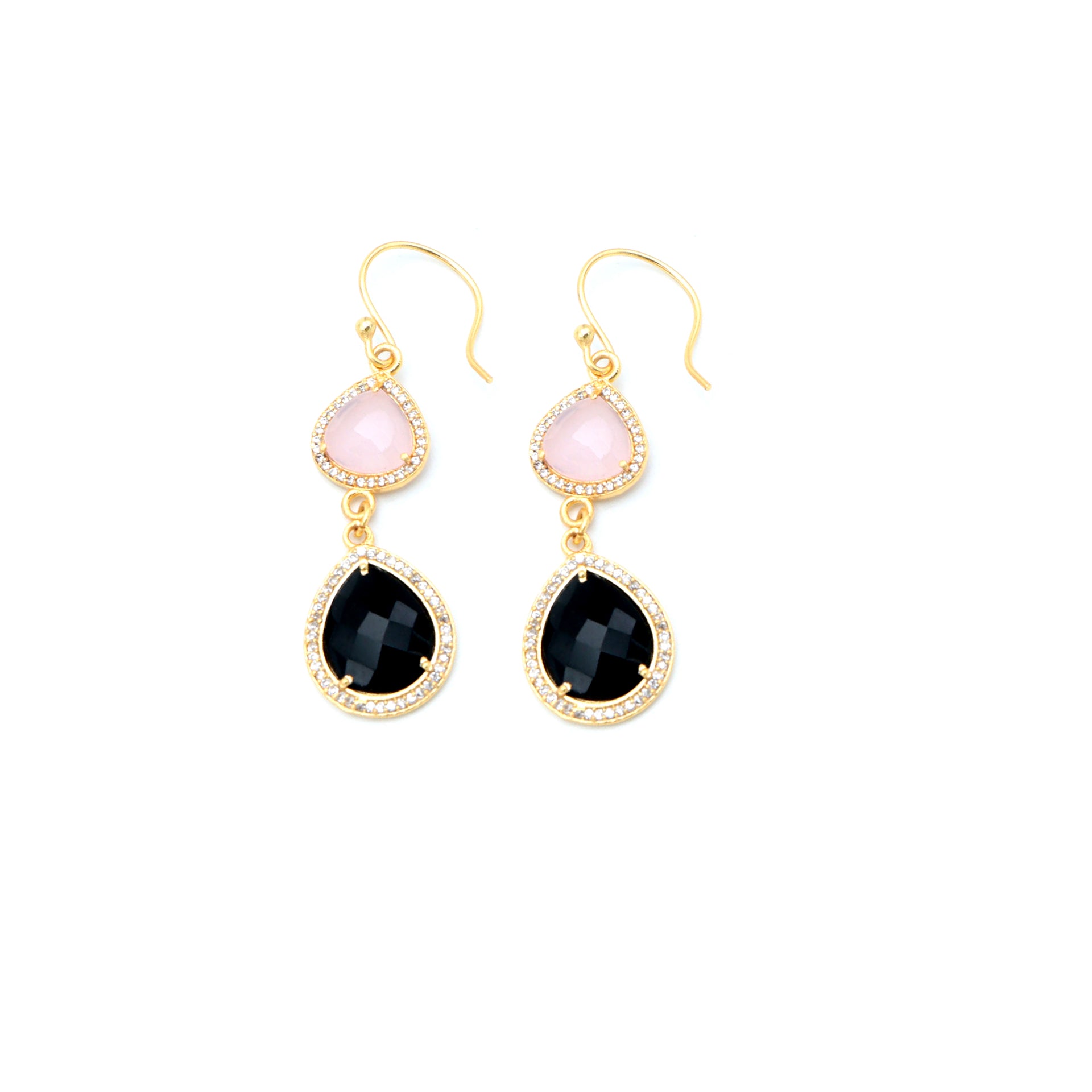 Dua Pink Chalcedony & Black Onyx CZ Earrings – Handmade Heart & Pear Cut Natural Gemstone Earrings (10mm, 12x15mm)