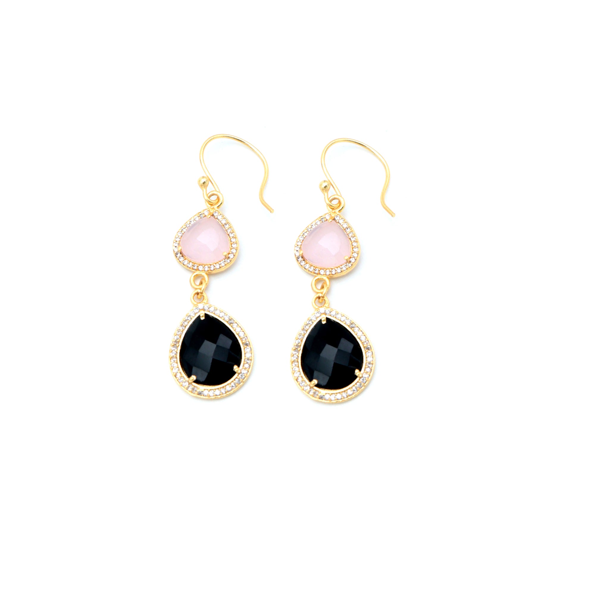Dua Pink Chalcedony & Black Onyx CZ Earrings – Handmade Heart & Pear Cut Natural Gemstone Earrings (10mm, 12x15mm)