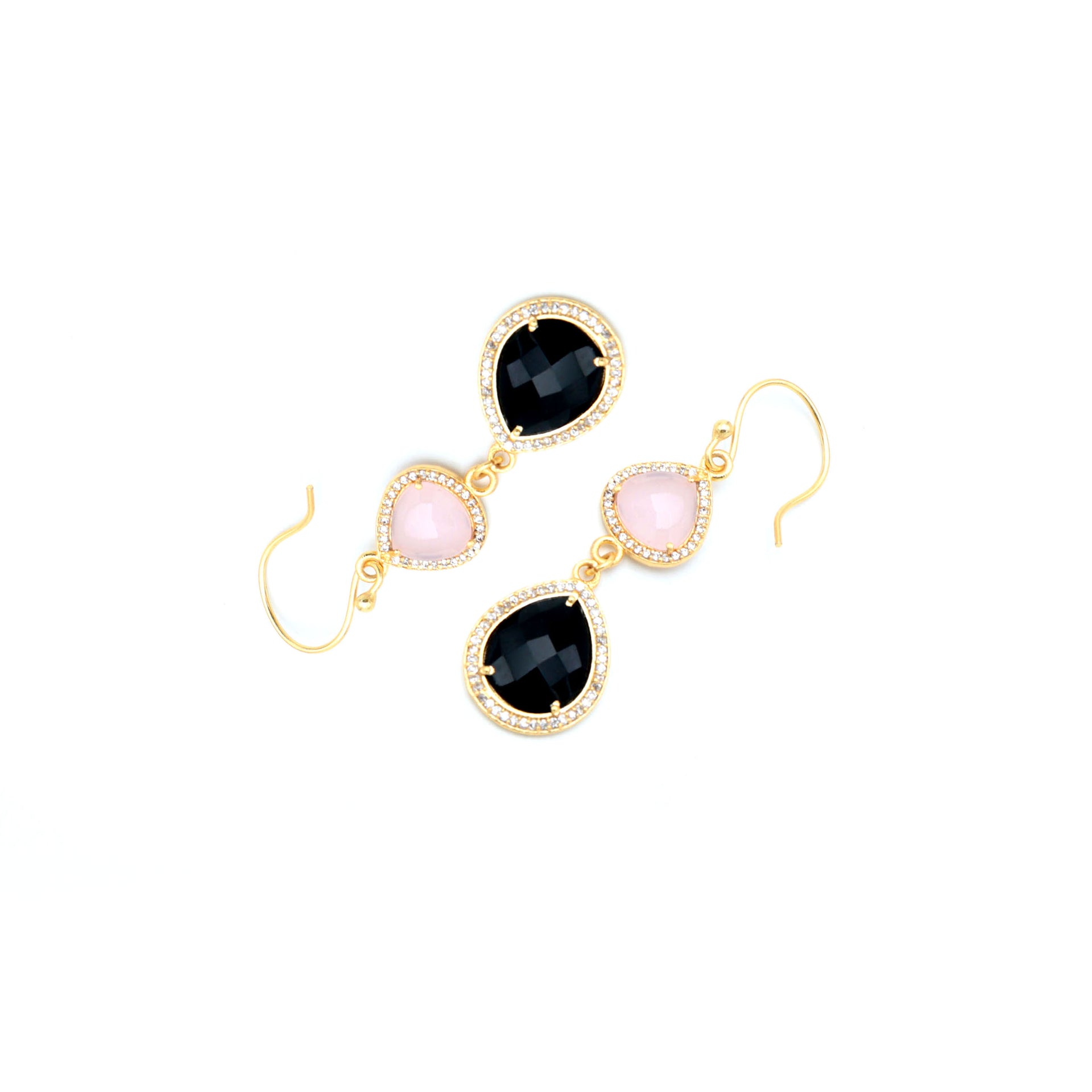 Dua Pink Chalcedony & Black Onyx CZ Earrings – Handmade Heart & Pear Cut Natural Gemstone Earrings (10mm, 12x15mm)