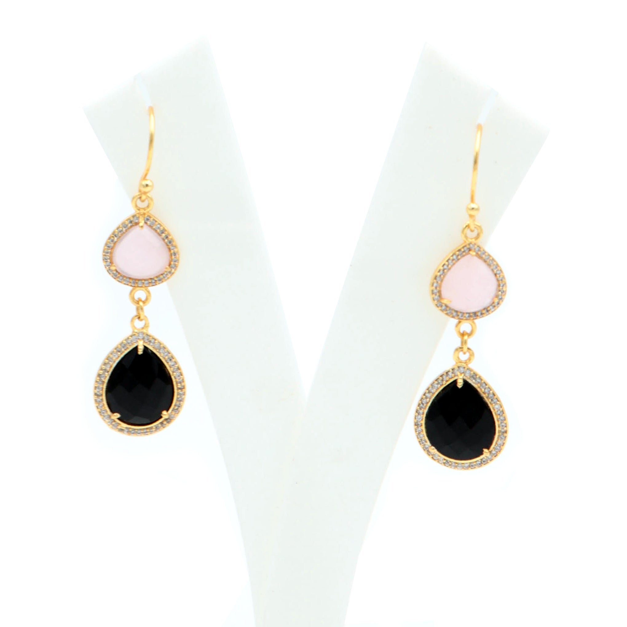 Dua Pink Chalcedony & Black Onyx CZ Earrings – Handmade Heart & Pear Cut Natural Gemstone Earrings (10mm, 12x15mm)