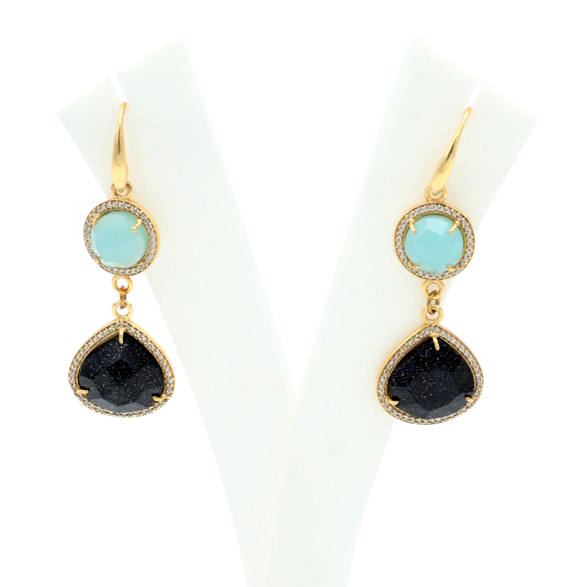 Dua Blue Chalcedony & Blue Sunstone CZ Earrings – Handmade Round & Heart Cut Gemstone Earrings (10mm, 15mm)