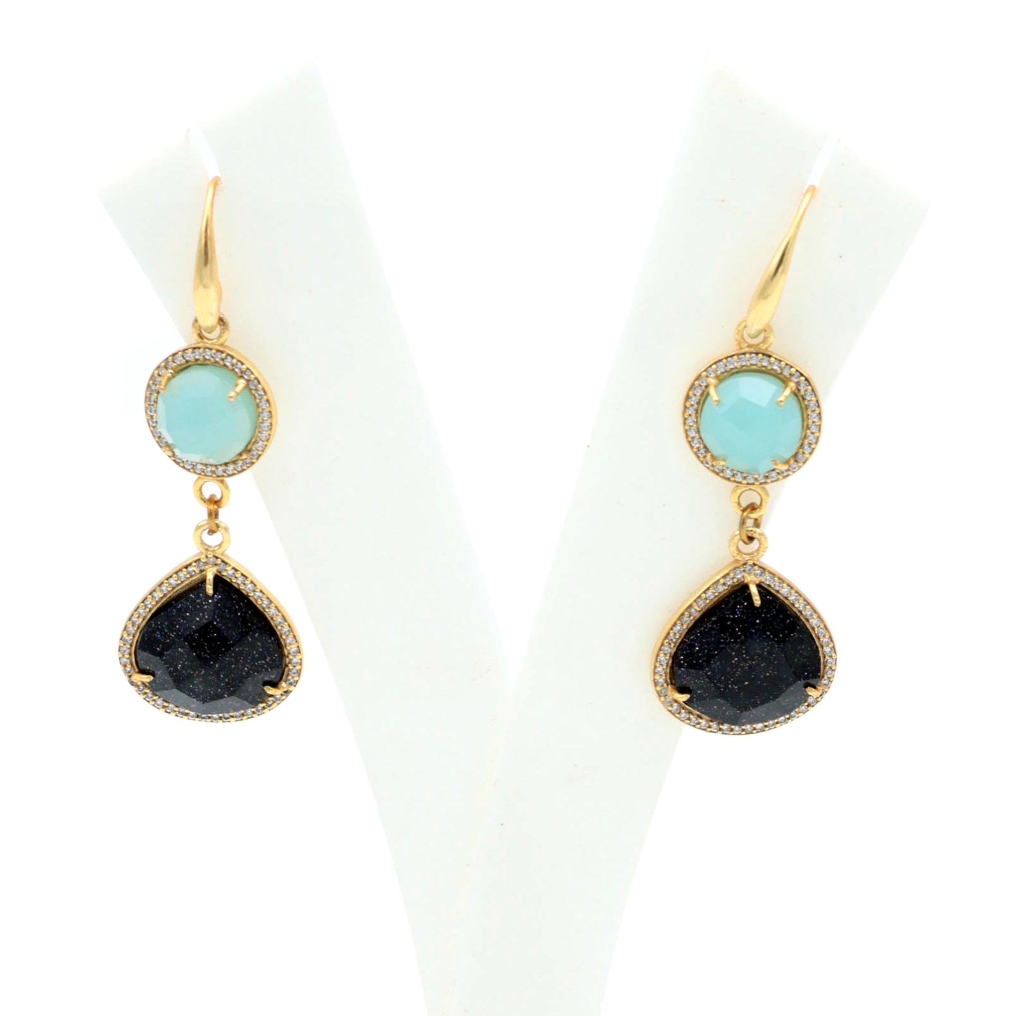 Dua Blue Chalcedony & Blue Sunstone CZ Earrings – Handmade Round & Heart Cut Gemstone Earrings (10mm, 15mm)