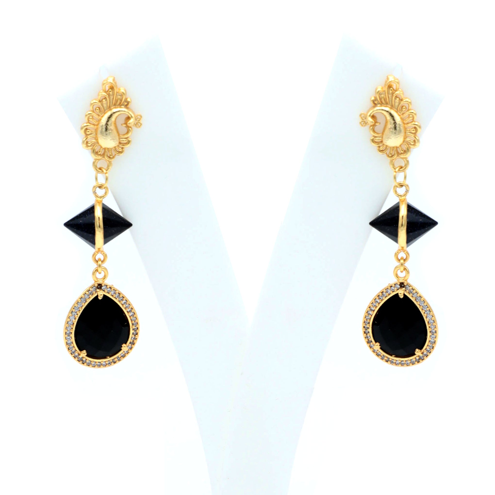 Dua Blue Sunstone & Black Onyx CZ Earrings – Handmade Cone & Pear Cut Natural Gemstone Earrings (10x14mm, 12x15mm)