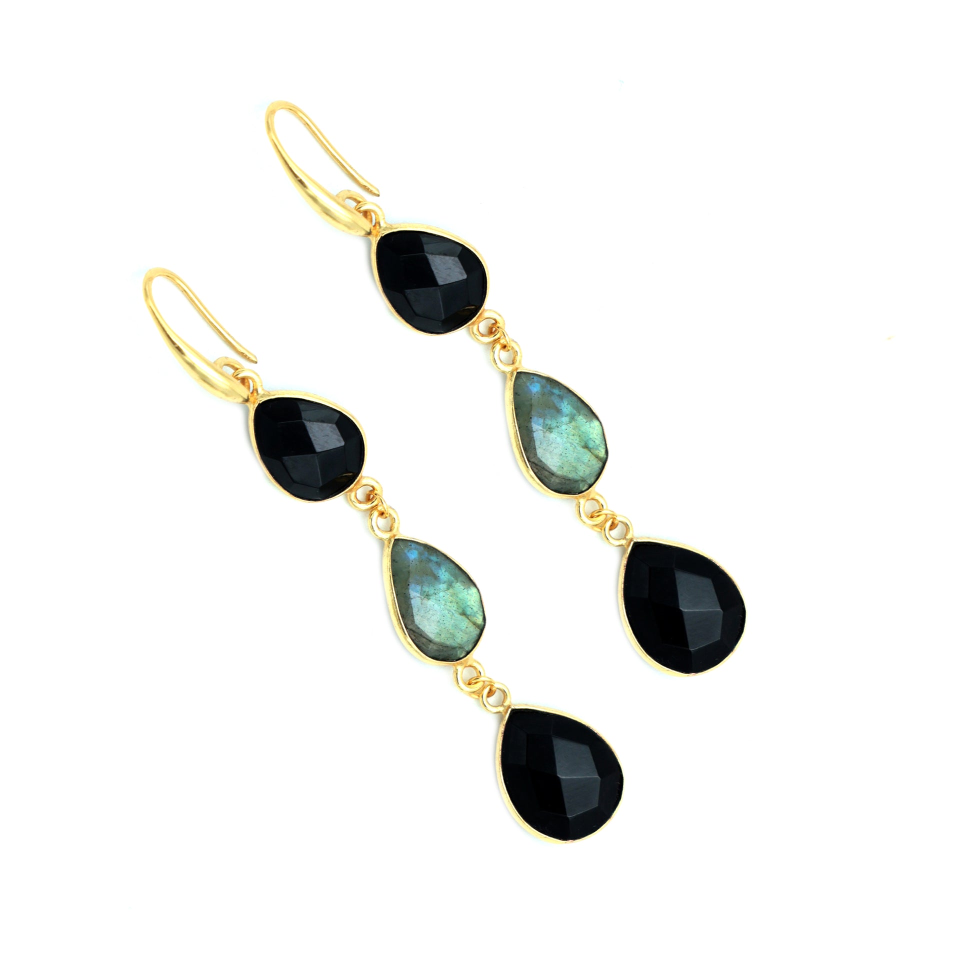 Dua Labradorite & Black Onyx Earrings – Handmade Pear Cut Natural Stone Earrings (9x12mm, 11x14mm)