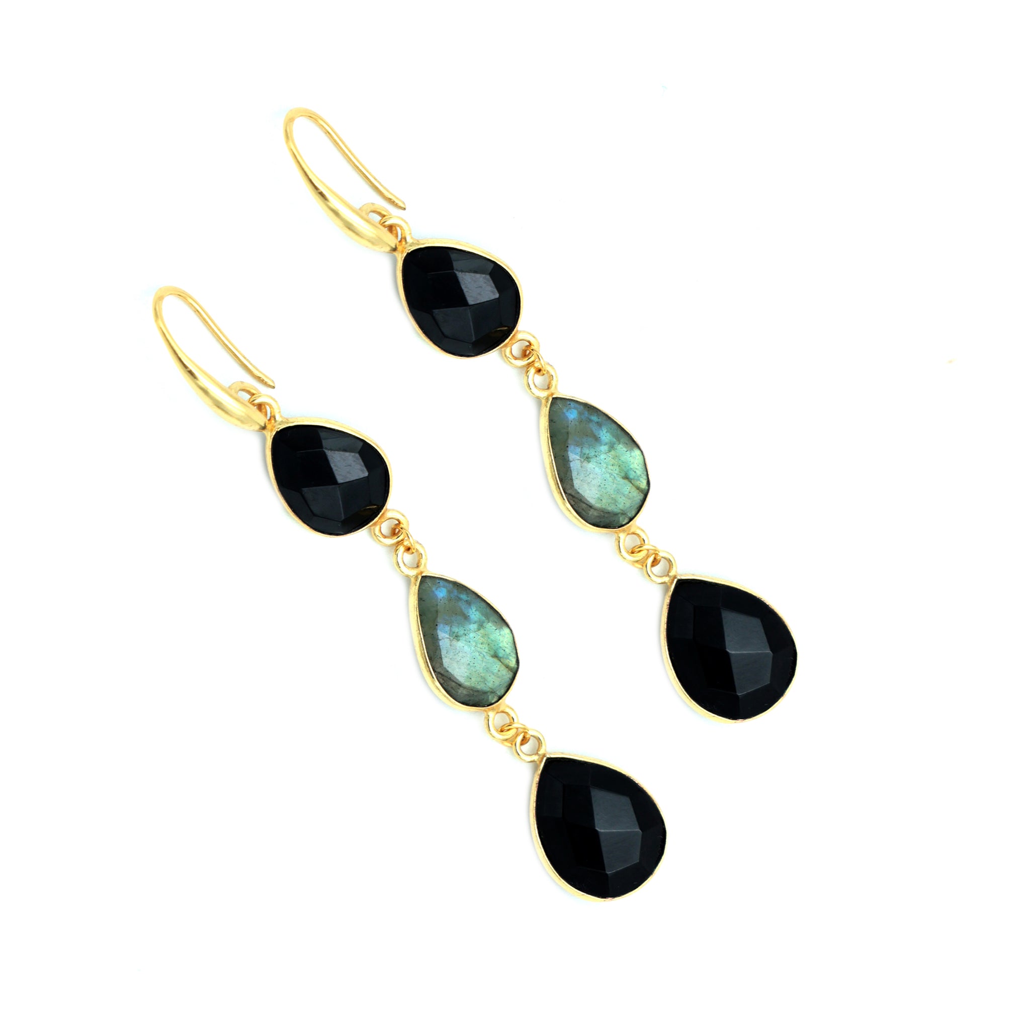 Dua Labradorite & Black Onyx Earrings – Handmade Pear Cut Natural Stone Earrings (9x12mm, 11x14mm)